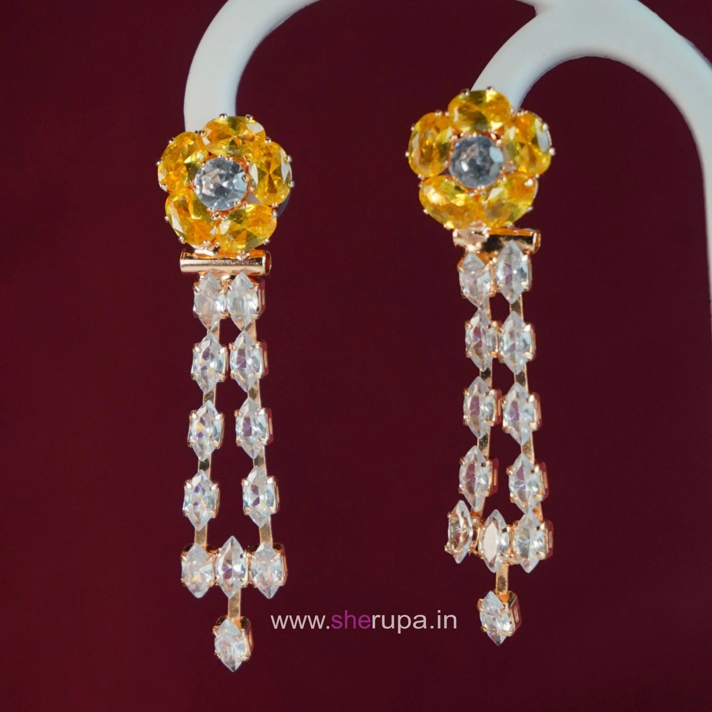 Rose Gold Tone Yellow & White CZ Long Dangle Earrings for Women & Girls