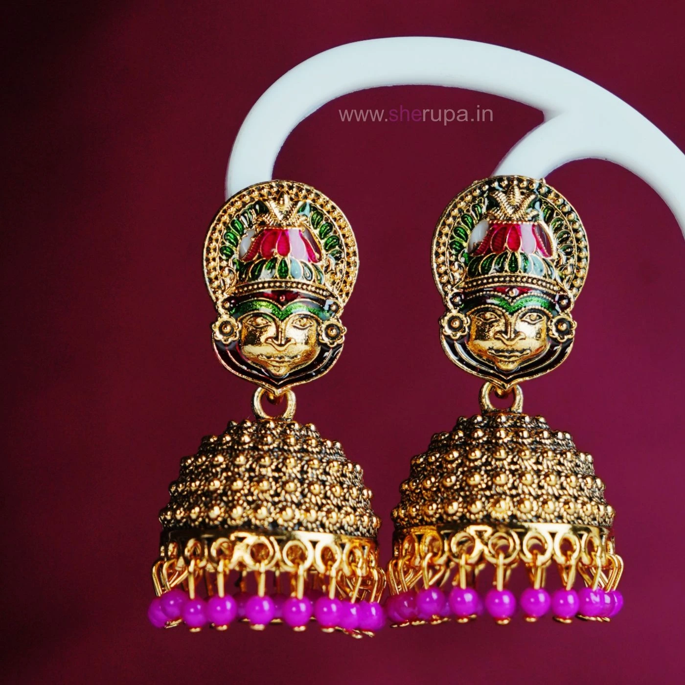 Traditional Kerala Style Antique Gold Tone Kathakali Jhumka Earrings with Purple Beads