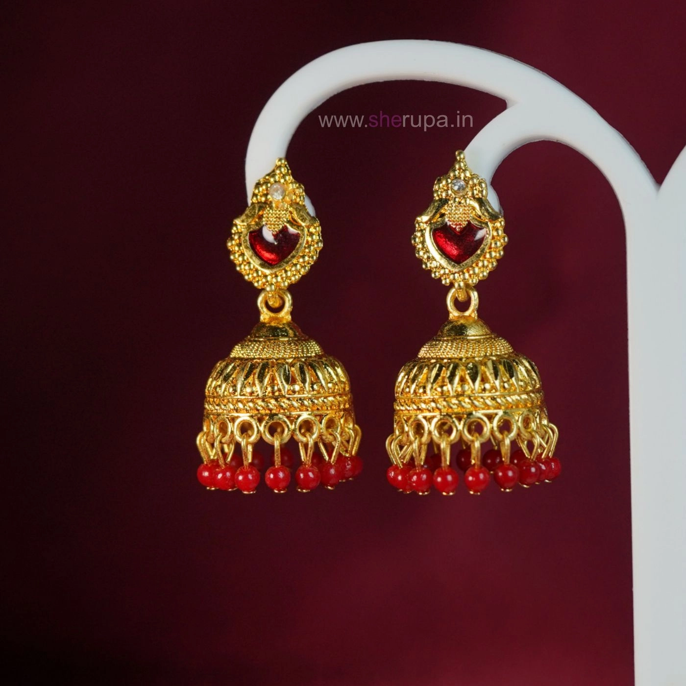 Traditional Red Palakka Jhumka Earrings for Women