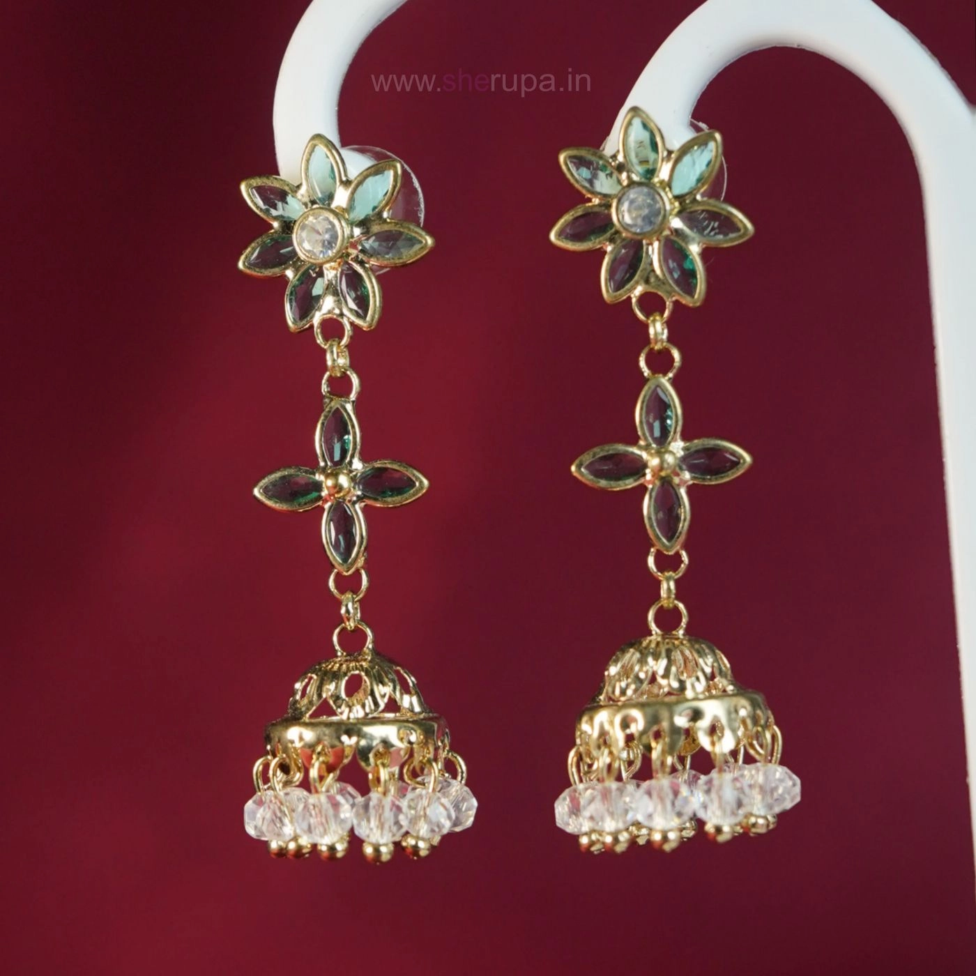 Long Green Stone Floral Drop Earrings for Women