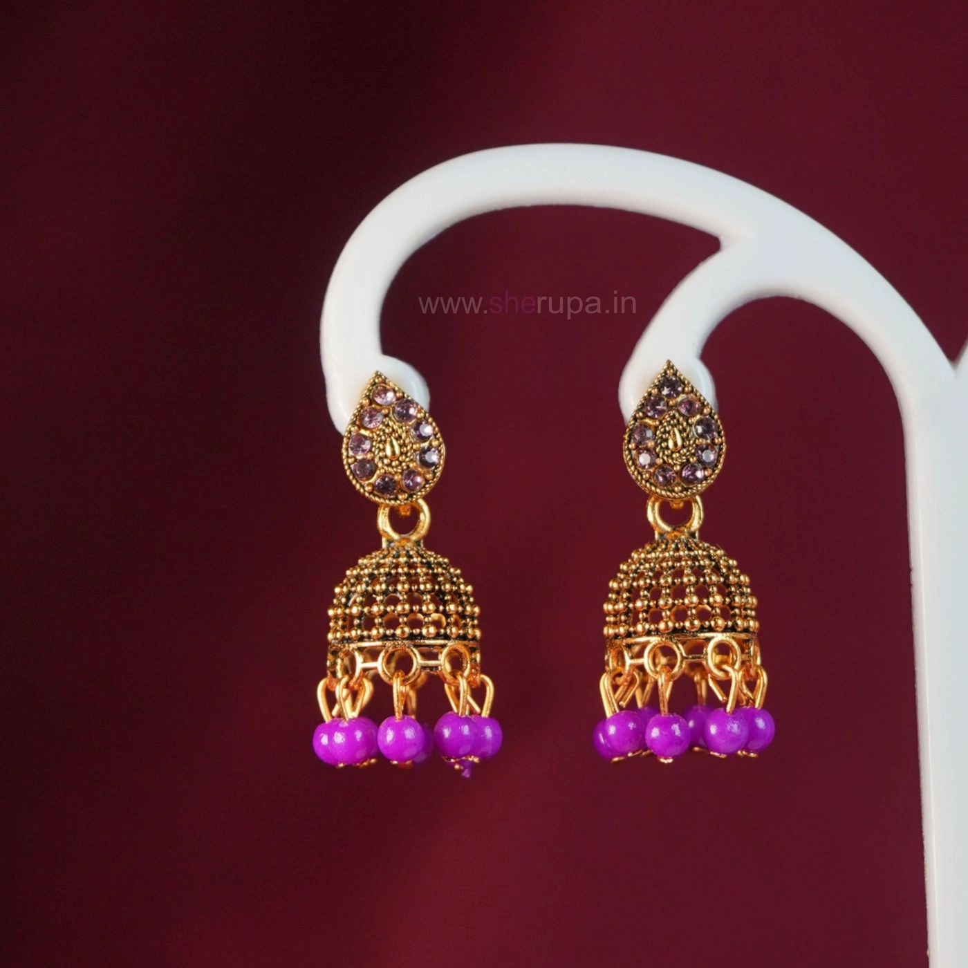Small Traditional Antique Gold-Tone Jhumka Earrings with Purple Stones & Bead Drops for Women