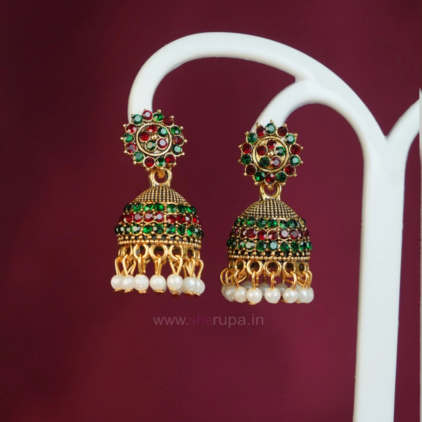 Traditional Antique Gold-Tone Red & Green Stone Studded Jhumka Earrings with Pearl Drops