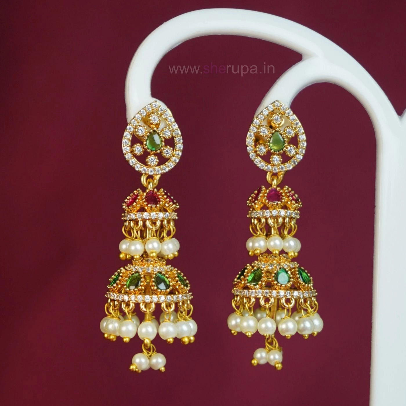 Traditional Multi-Layer Gold-Tone Jhumka Earrings with Red & Green Stone-Style
