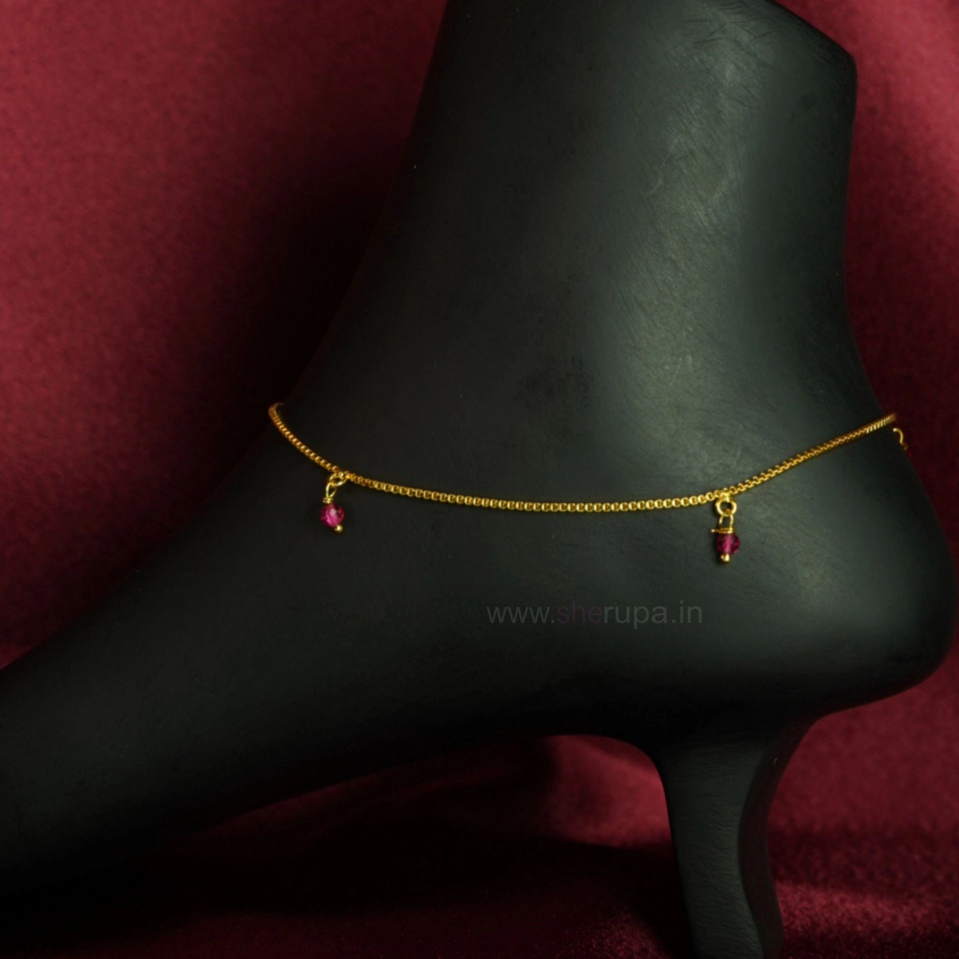 Gold Tone Box Chain Anklet with Minimalist Red Crystal Bead Charms | 1 Pair (2 Anklets)