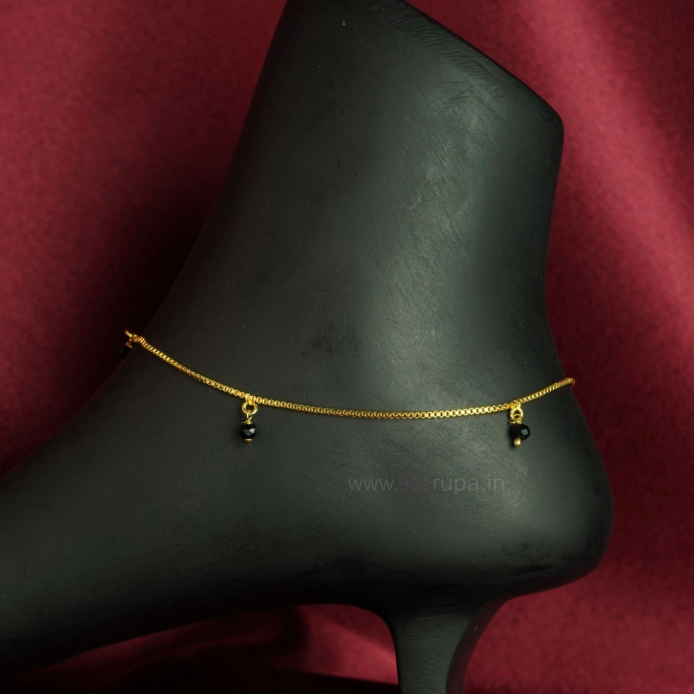 Gold Tone Box Chain Anklet Adorned with Small Black Crystal Accents | 1 Pair (2 Anklets)