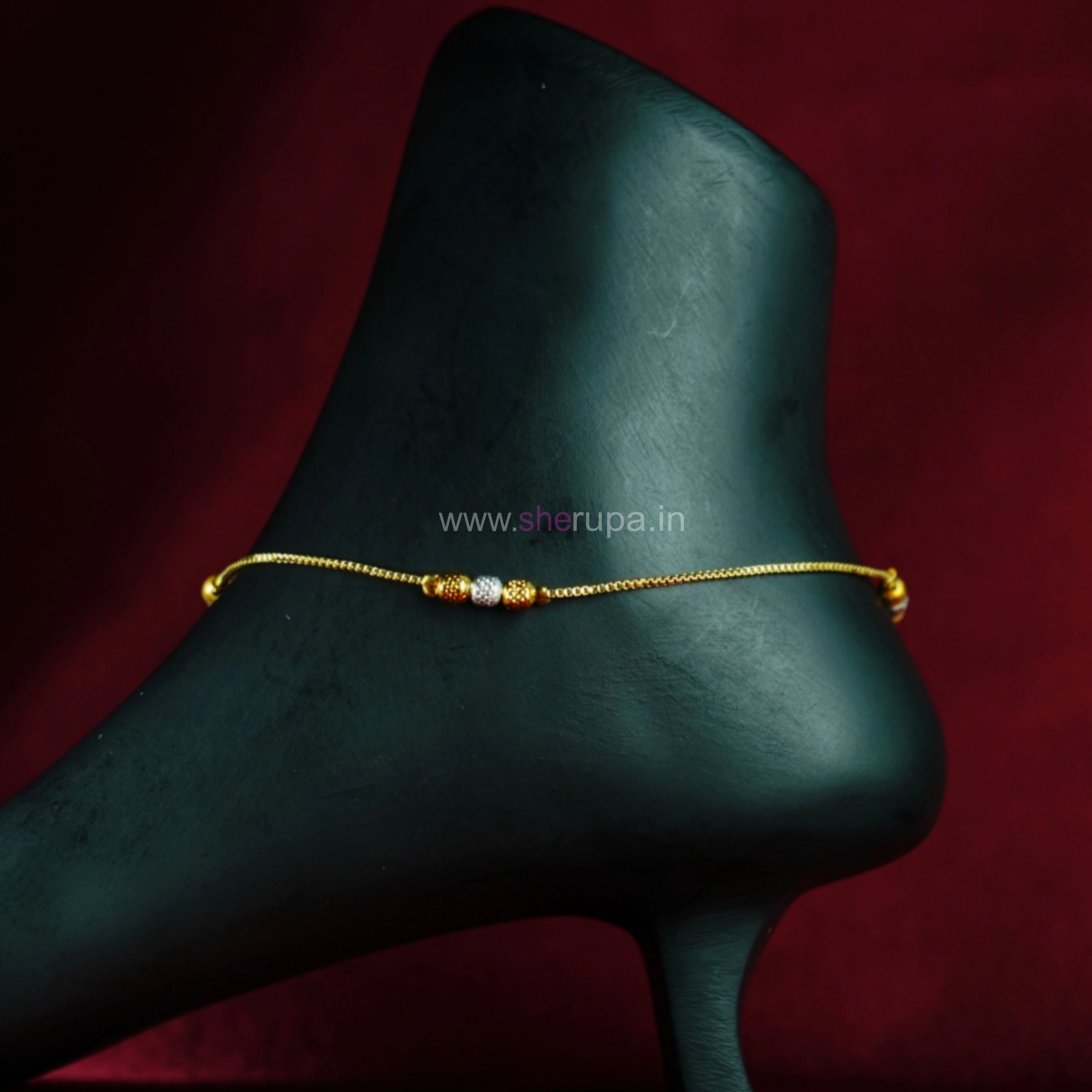 Gold Tone Box Chain Anklet with Gold & Silver Bead Detail – 1 Pair (2 Anklets)