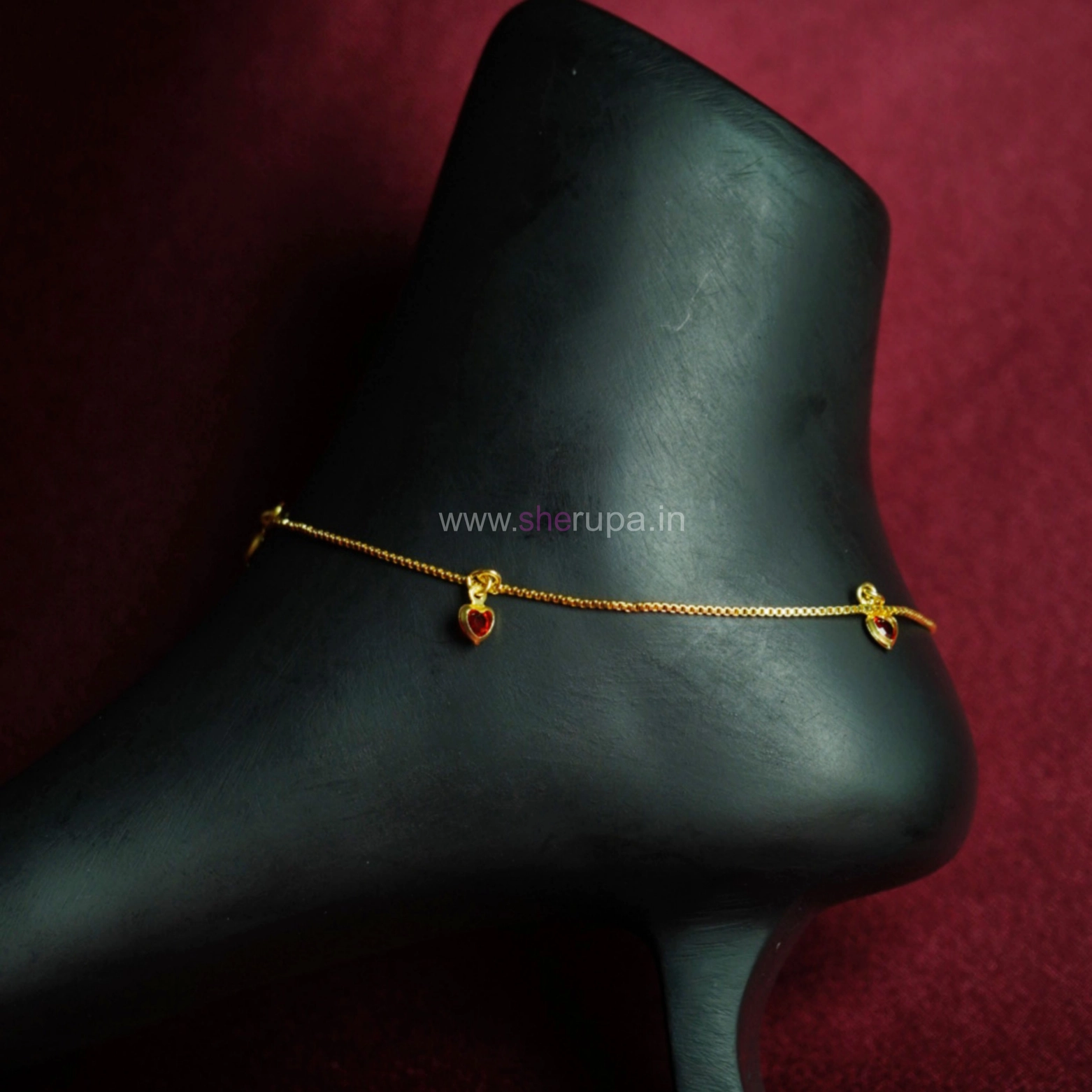 Gold Tone Box Chain Anklet with Ruby-Red Heart-Shaped Stone Charms – 1 Pair (2 Anklets)