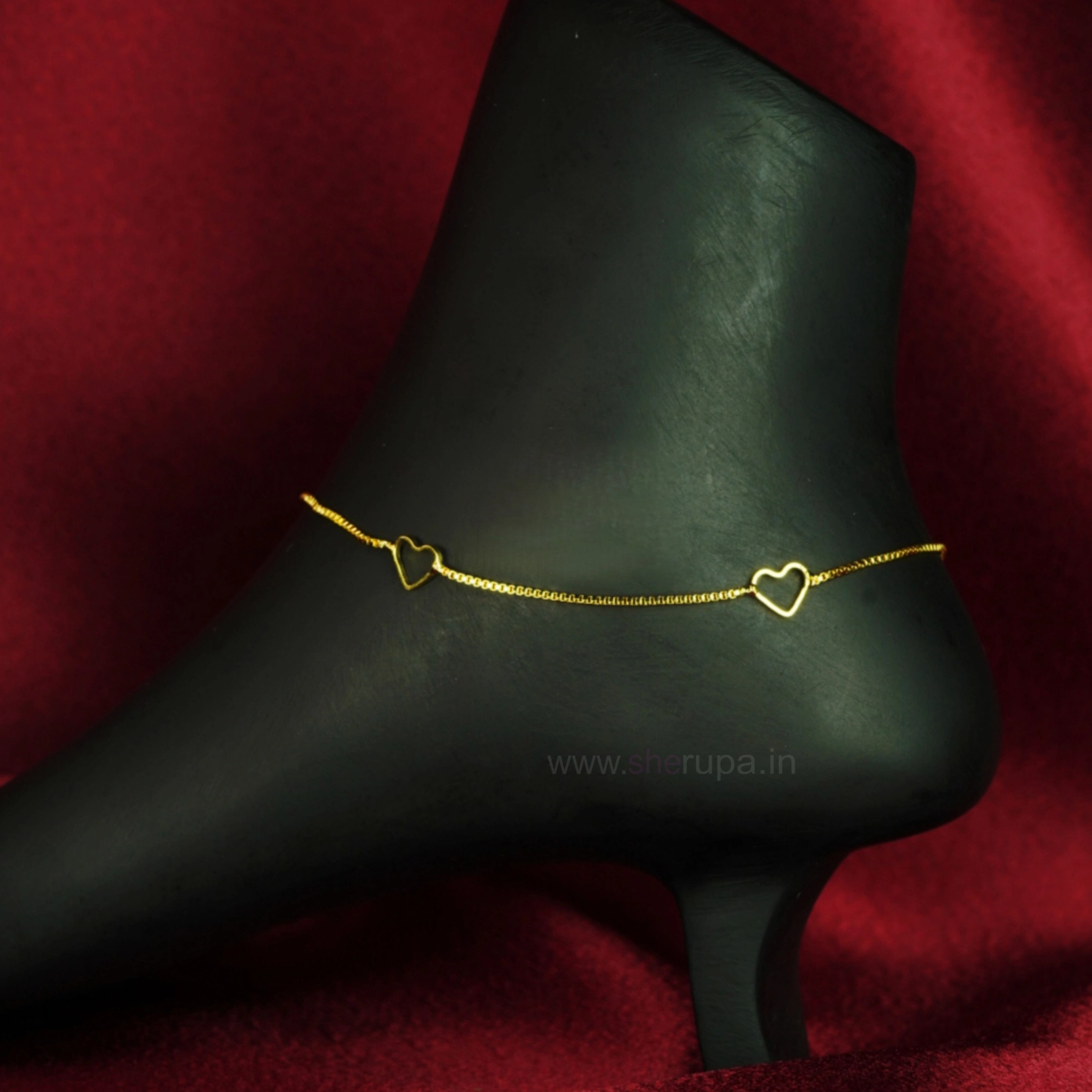 Gold Tone Box Chain Anklet Featuring Delicate Open Heart Charms | 1 Pair (2 Anklets)