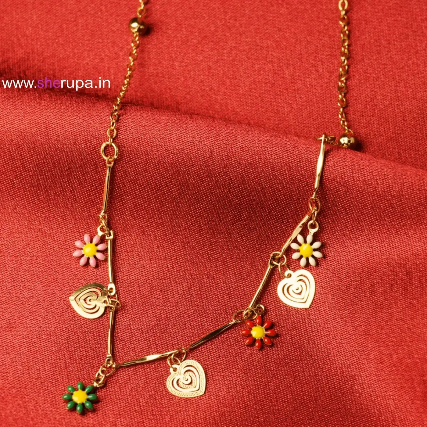Gold Tone Multi-Color Enamel Flower & Heart Charm Necklace