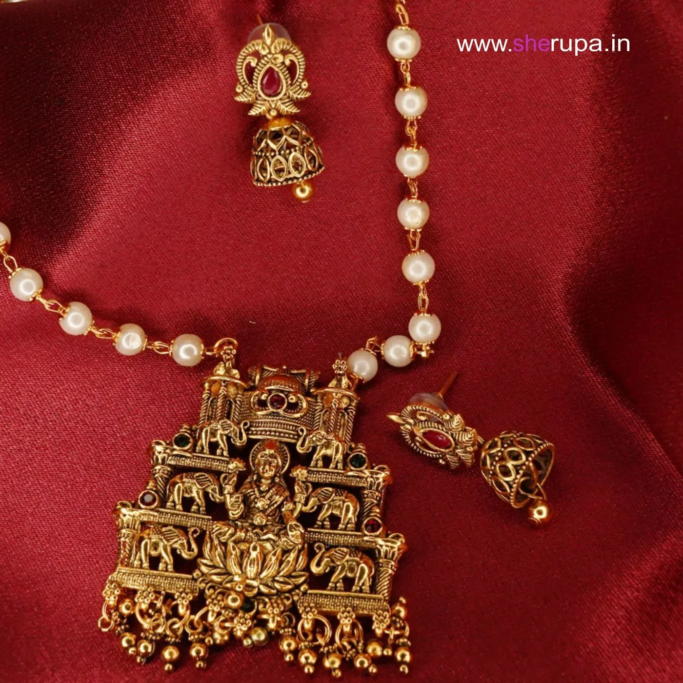 Antique Gold Tone Temple Jewellery Haram Set with Matching Jhumka Earrings