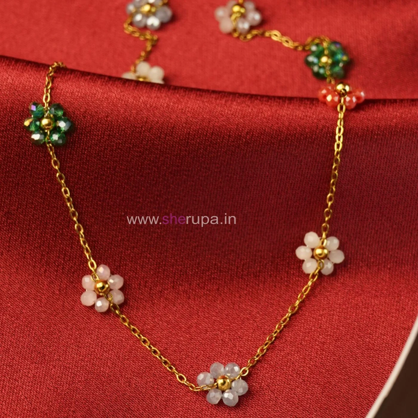 Gold Tone Floral Beaded Charm Necklace