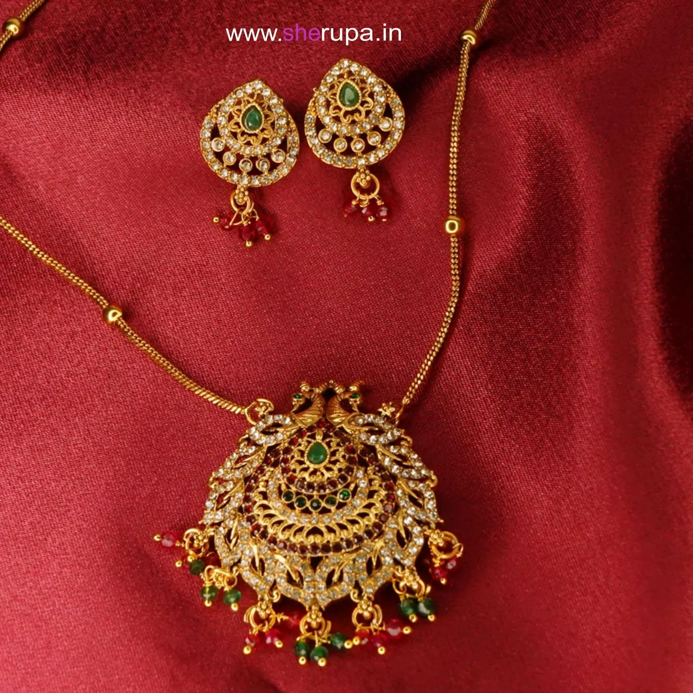 Gold Tone Traditional Peacock Pendant Necklace Set with Drop Earrings