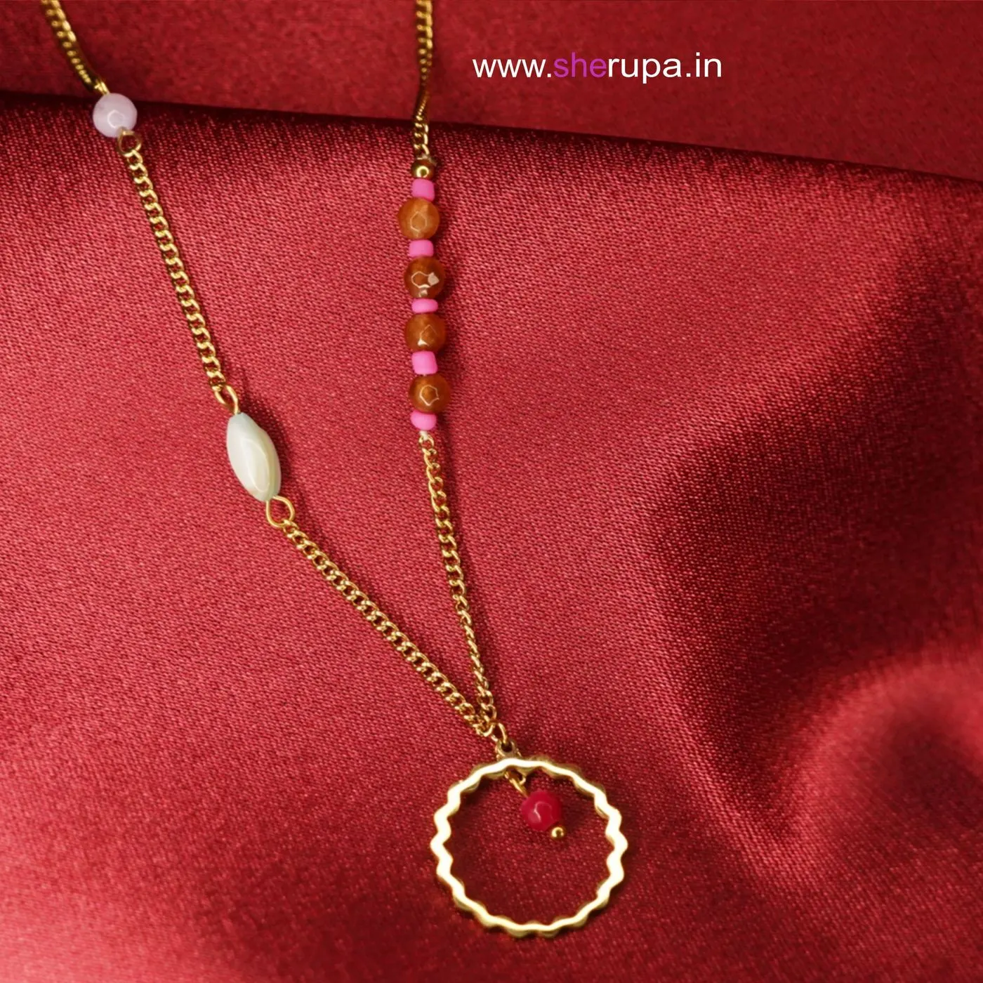 Gold Tone Asymmetric Beaded Charm Necklace with Ring Pendant