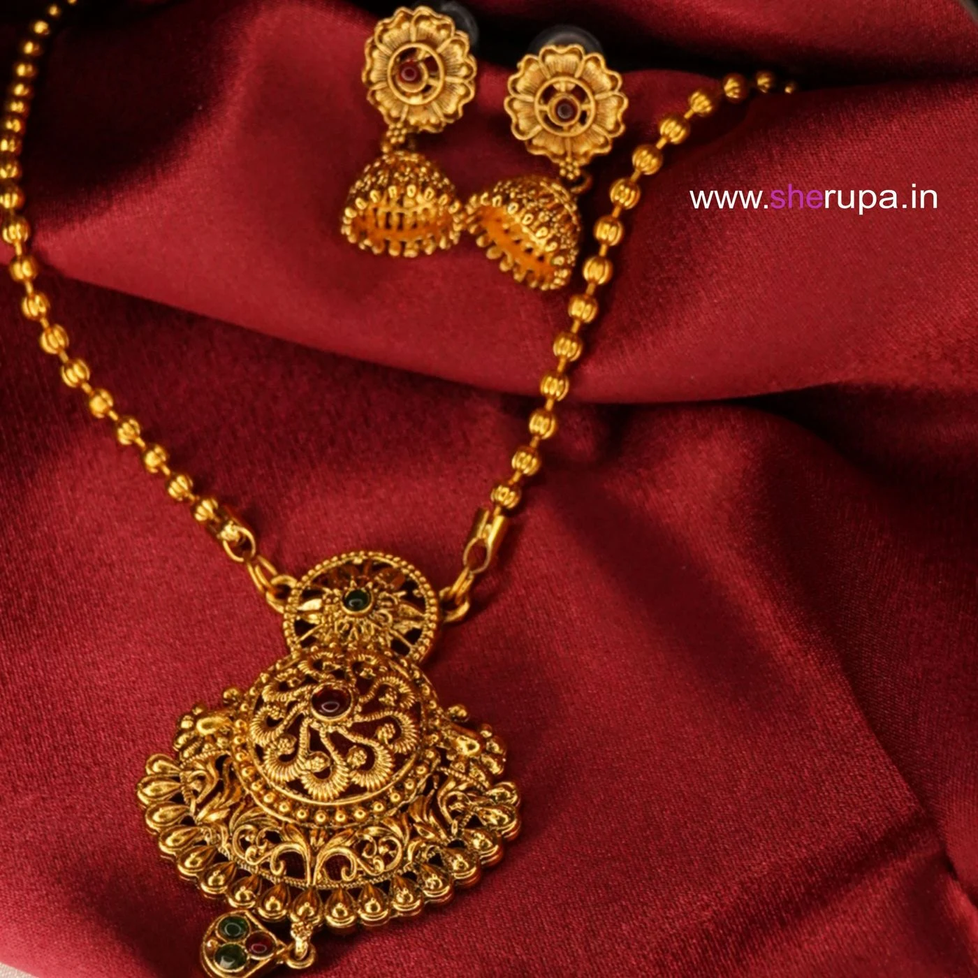 Antique Gold Tone Matte Temple Jewellery Long Necklace