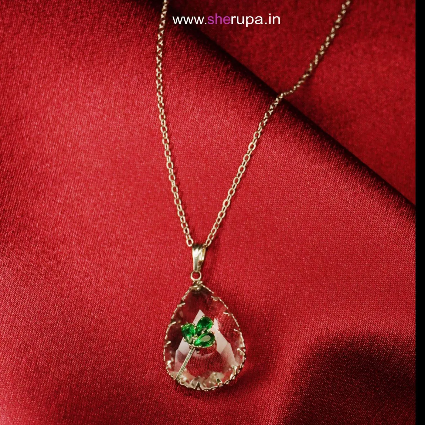 Silver Tone Teardrop Glass Pendant Necklace