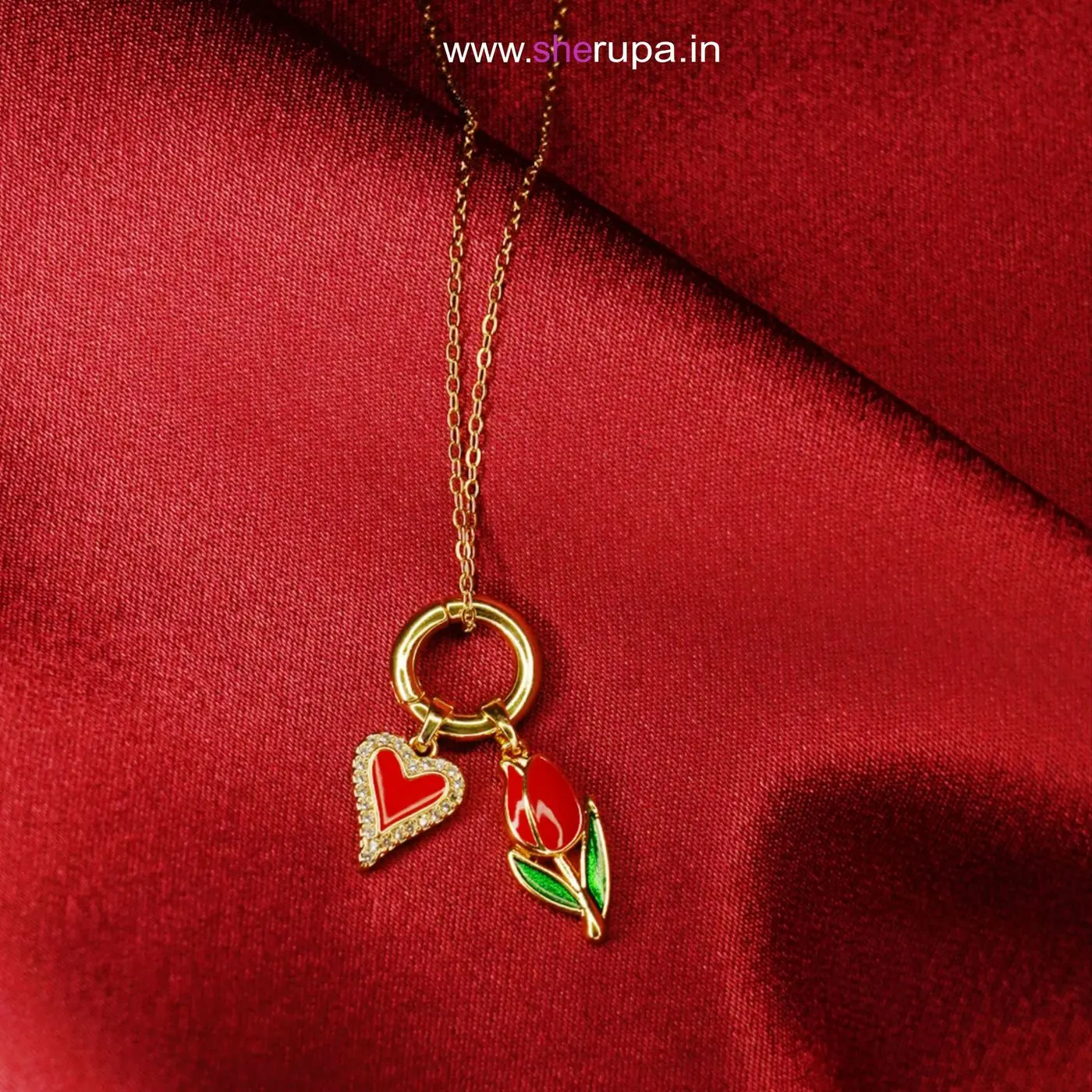 Gold Tone Red Enamel Tulip & Heart Design Necklace