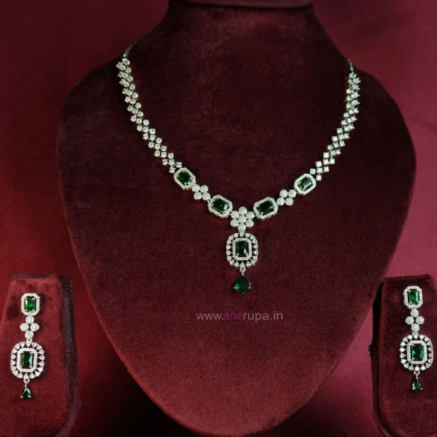 Silver Tone Green Stone American Diamond Necklace Set with Earrings 1