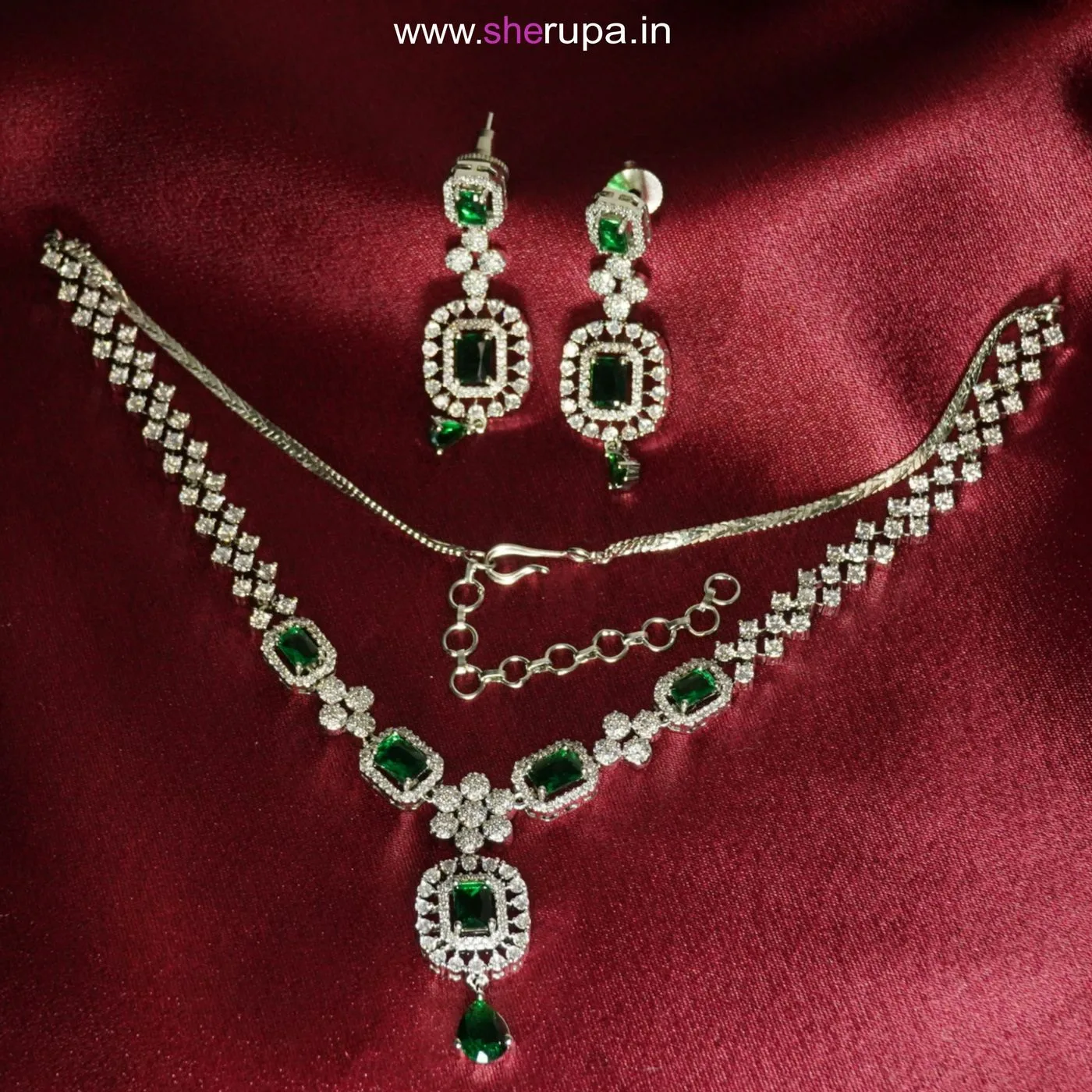 Silver Tone Green Stone American Diamond Necklace Set with Earrings 2