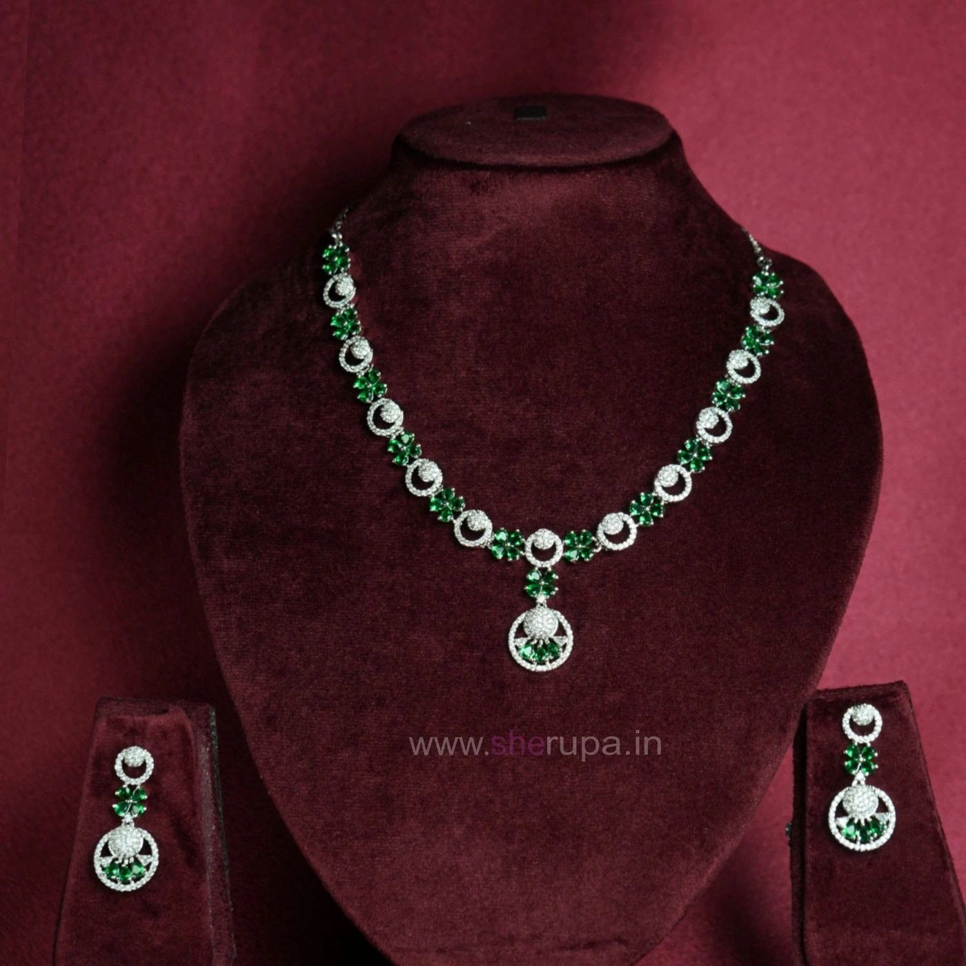 Silver Tone Green Stone American Diamond Bridal Necklace Set with Earrings 1