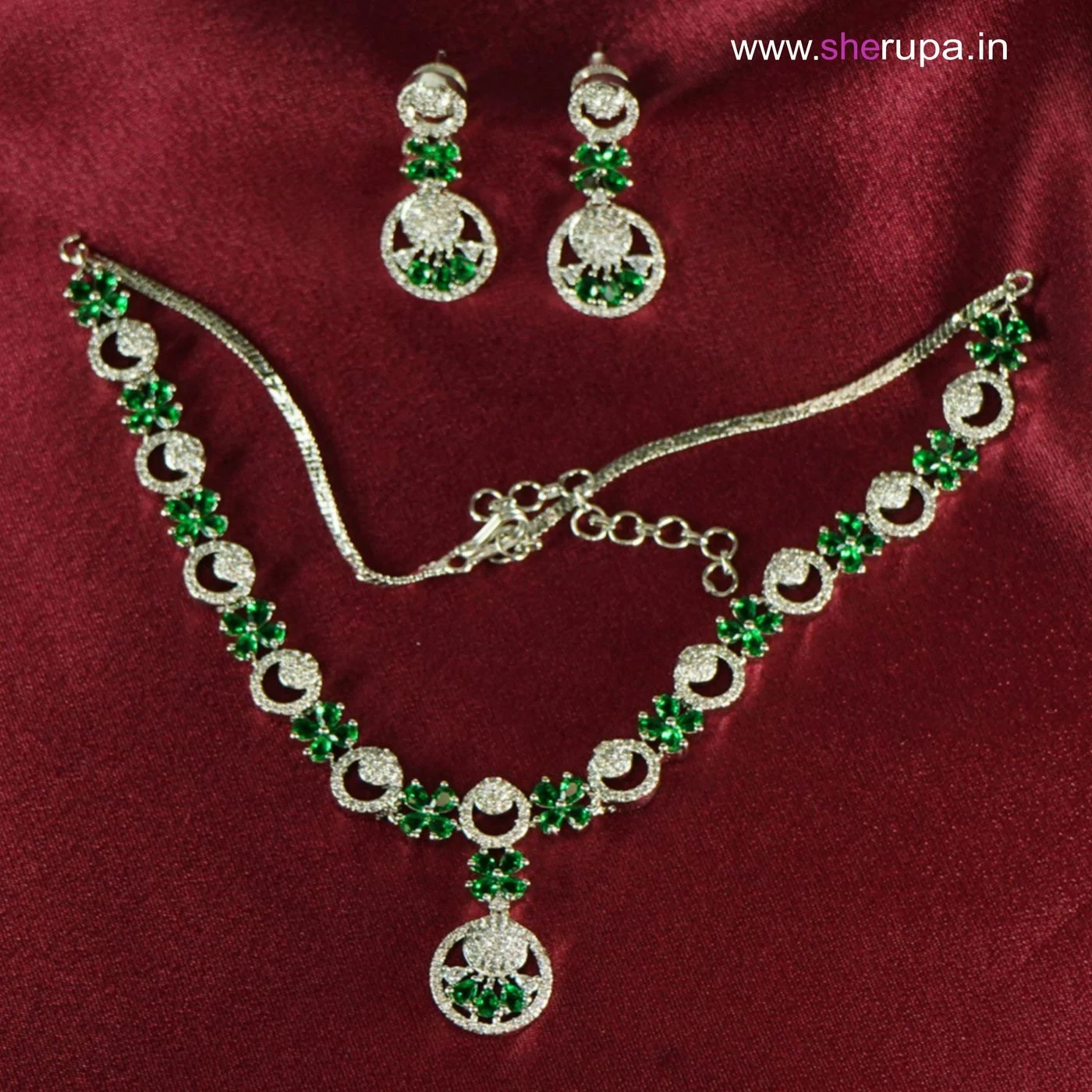 Silver Tone Green Stone American Diamond Bridal Necklace Set with Earrings 2