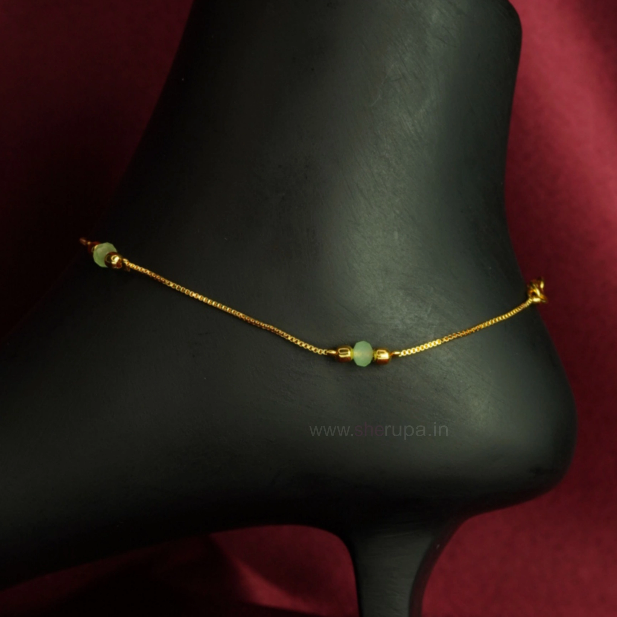 Gold Tone Pastel Green Beaded Chain Anklet.  1 Pair (2 Anklets)