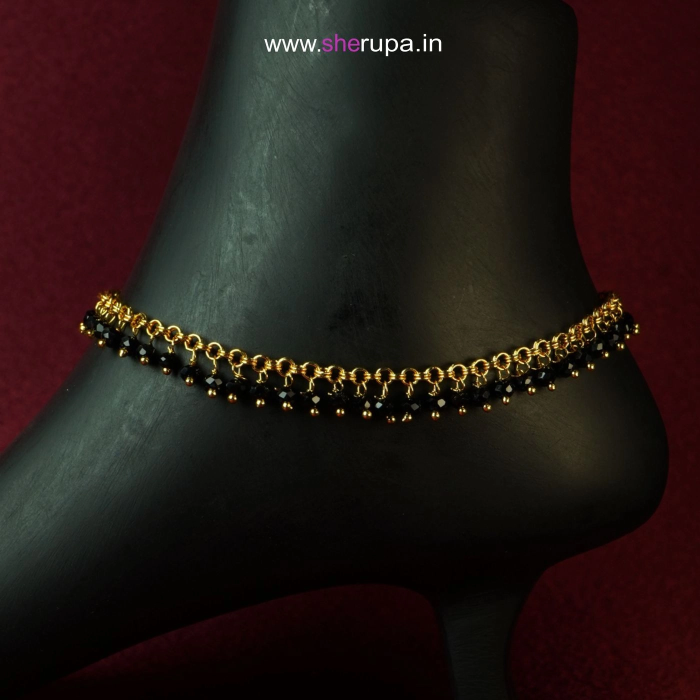 Gold Tone Karimani Anklet – Traditional Black Bead Padasaram | 1 Pair (2 Anklets)
