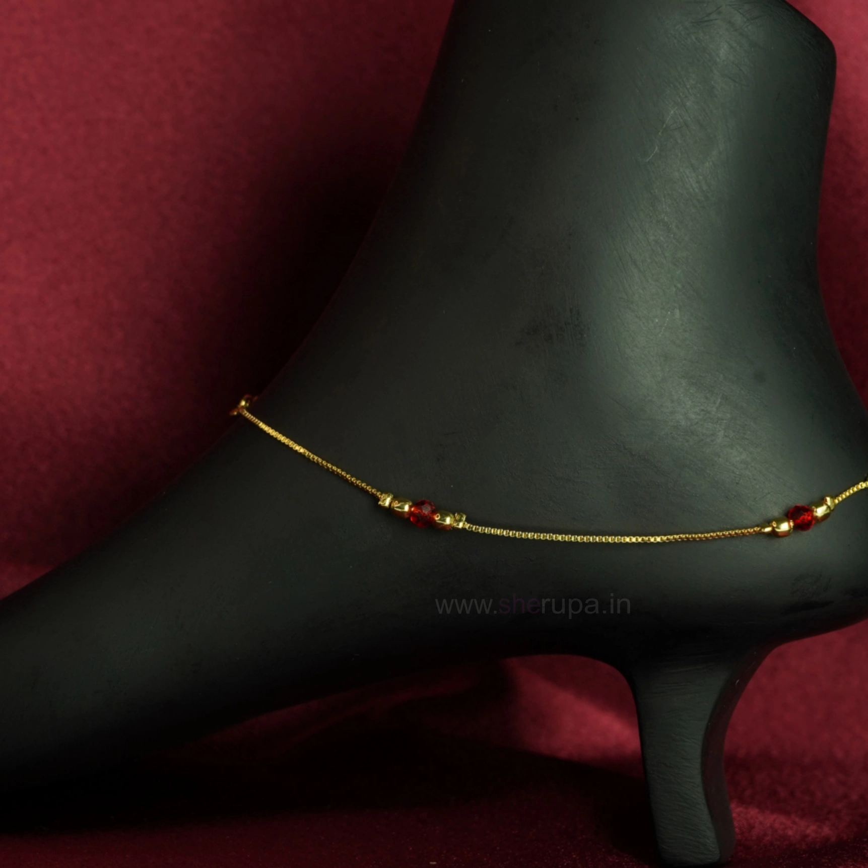 Gold Tone Anklet Accented with Small Metallic Beads and a Vibrant Red Crystal Bead | 1 Pair (2 Anklets) 2