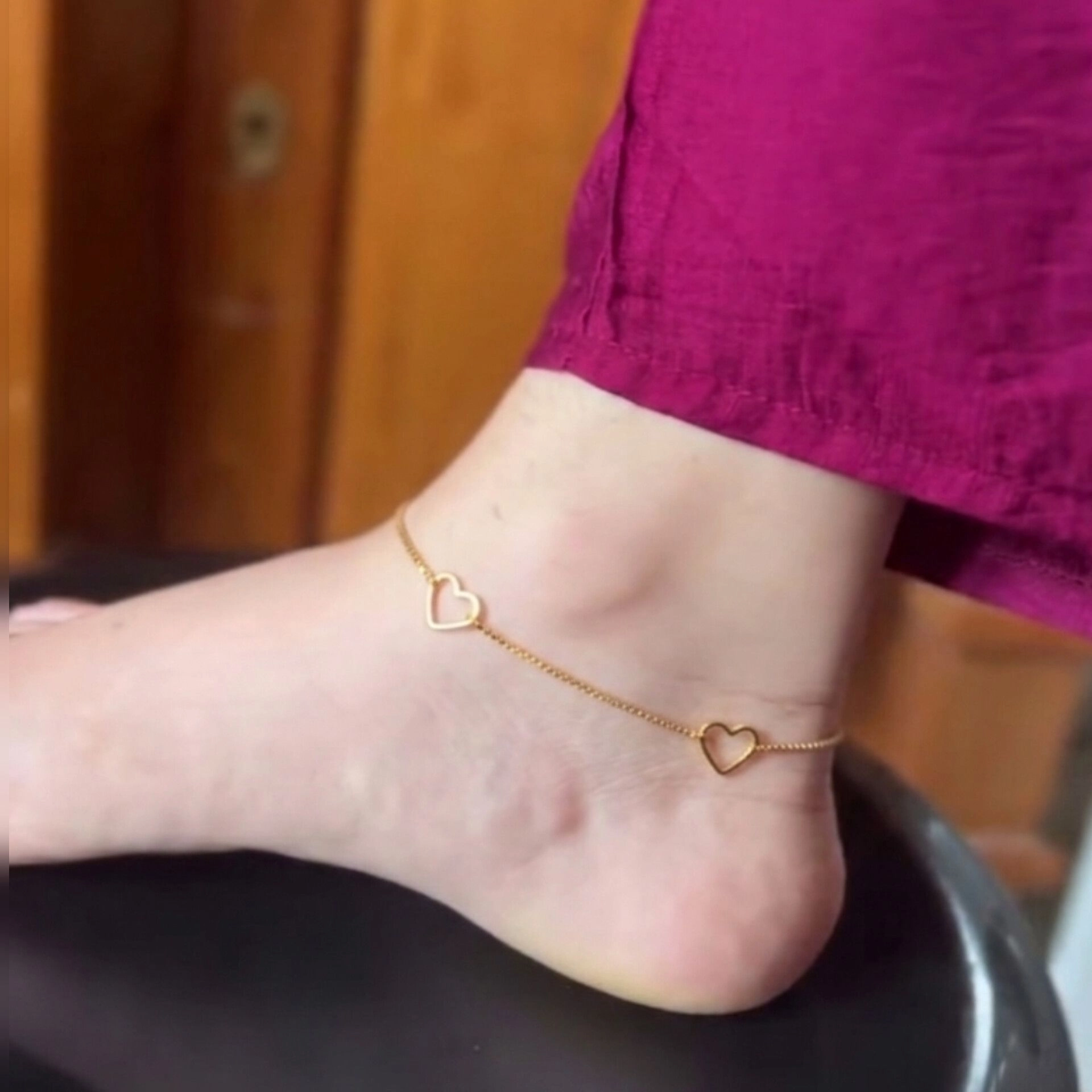 Gold Tone Box Chain Anklet Featuring Delicate Open Heart Charms | 1 Pair (2 Anklets)
