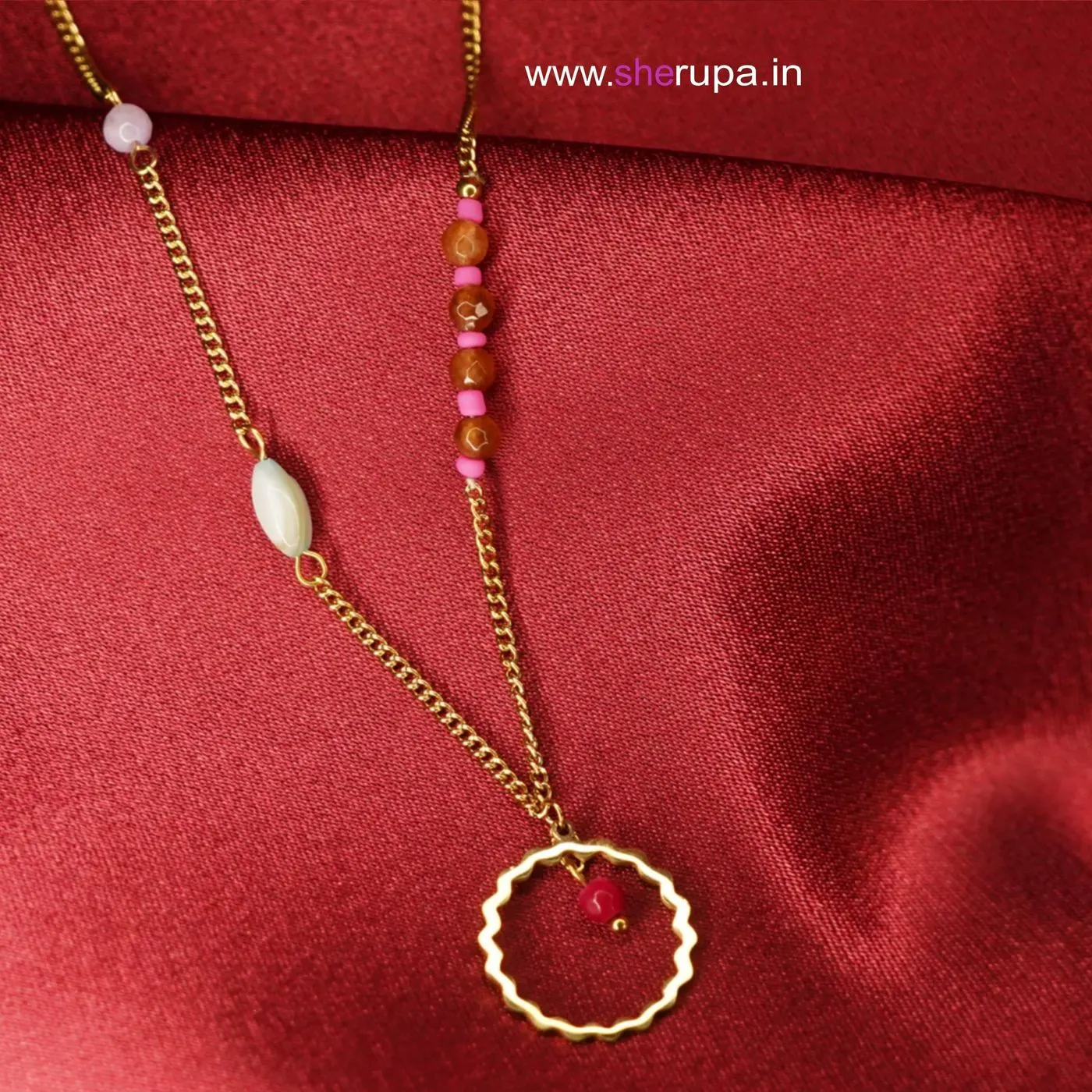 Gold Tone Asymmetric Beaded Charm Necklace with Ring Pendant