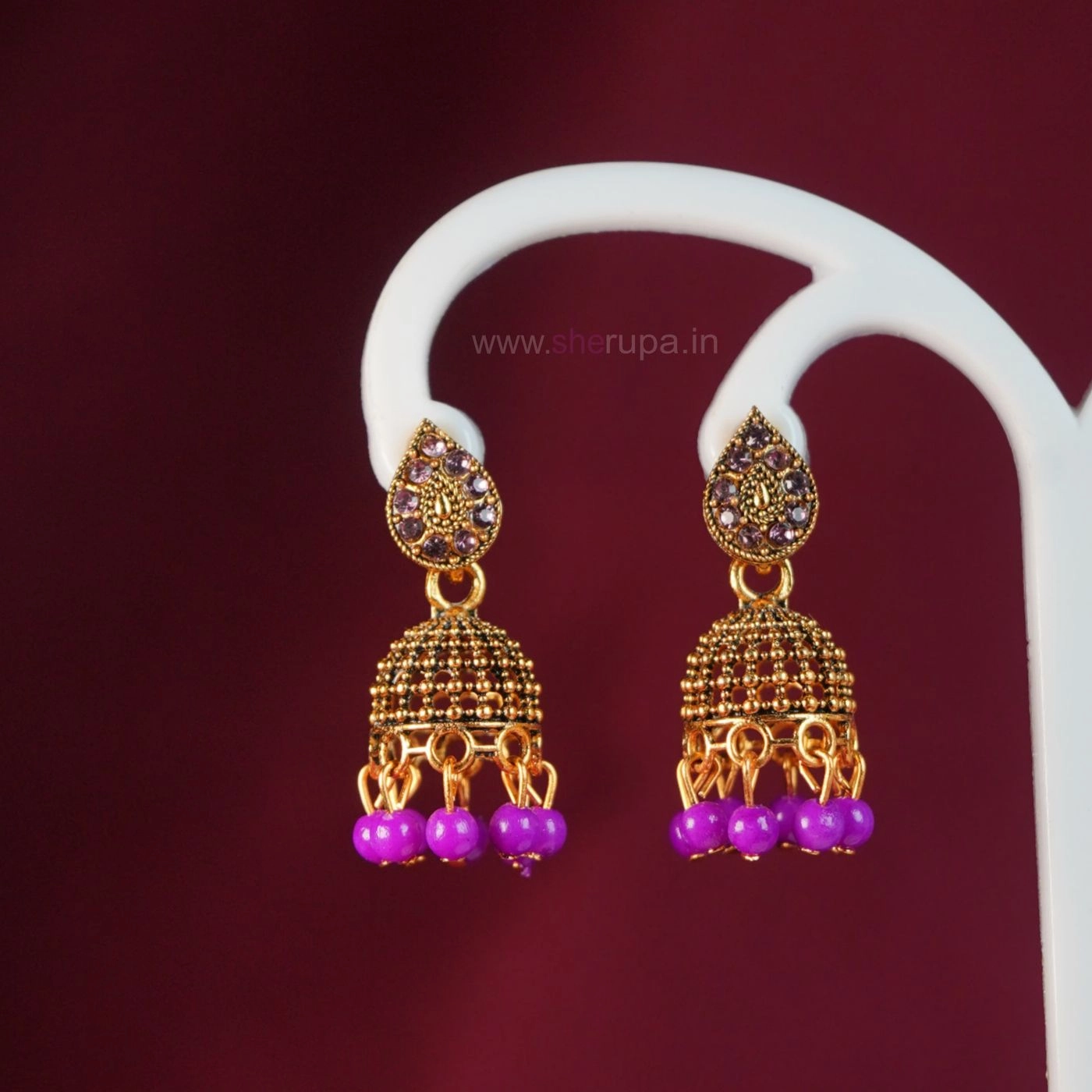 Small Traditional Antique Gold-Tone Jhumka Earrings with Purple Stones & Bead Drops for Women