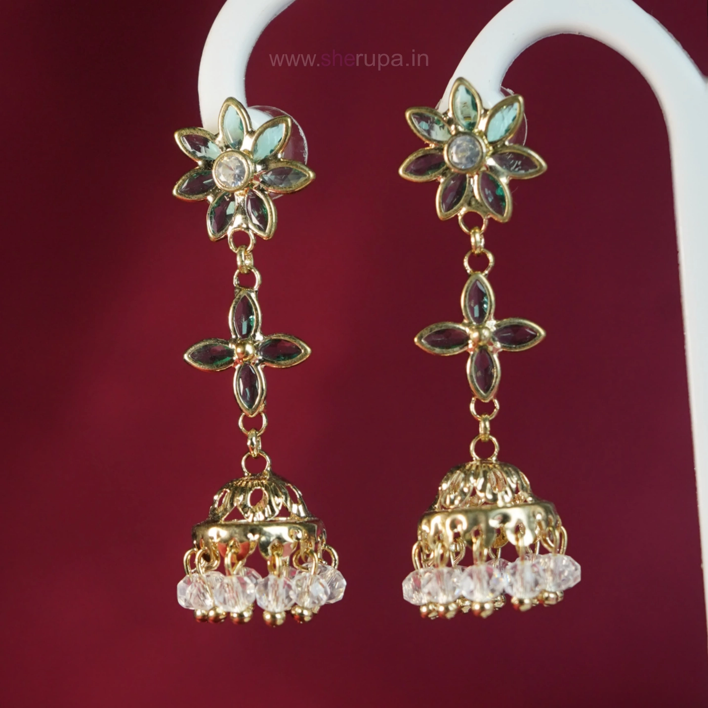 Long Green Stone Floral Drop Earrings for Women