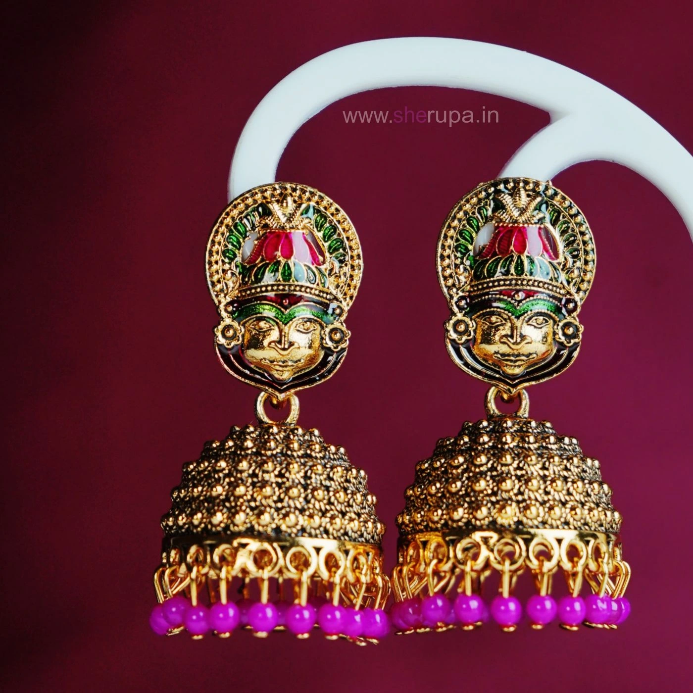 Traditional Kerala Style Antique Gold Tone Kathakali Jhumka Earrings with Purple Beads