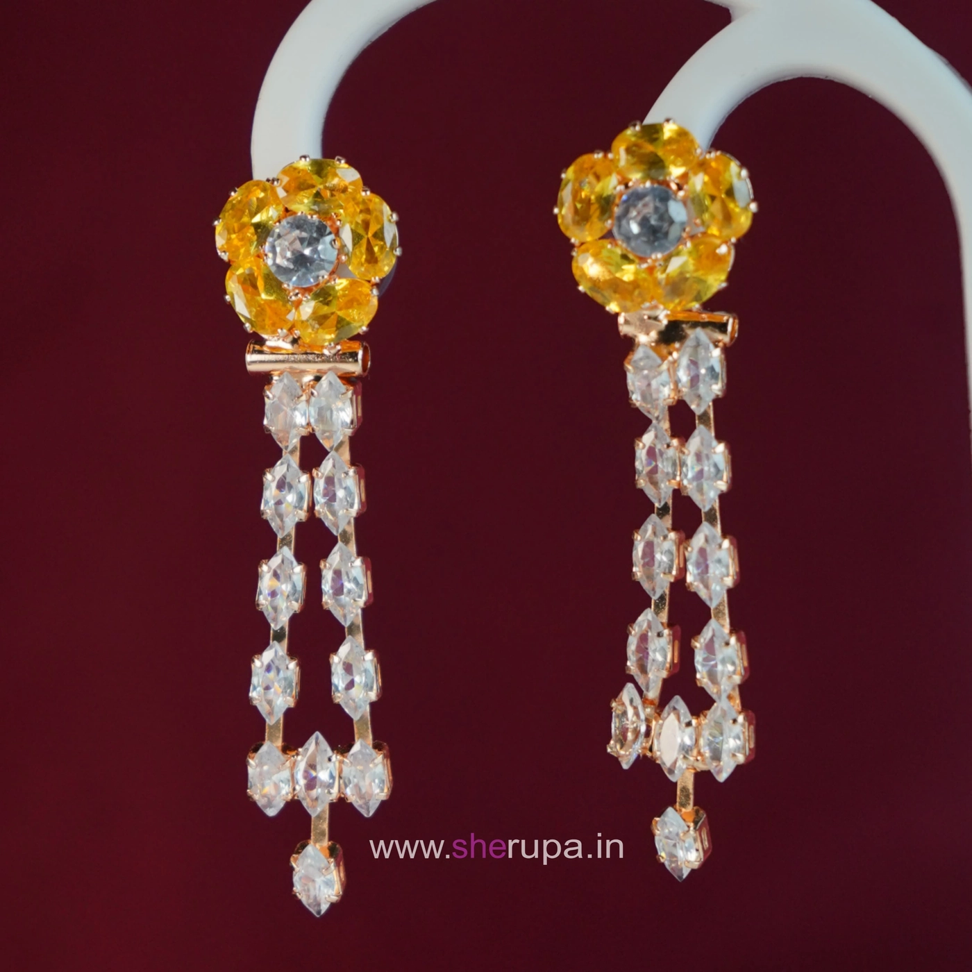 Rose Gold Tone Yellow & White CZ Long Dangle Earrings for Women & Girls