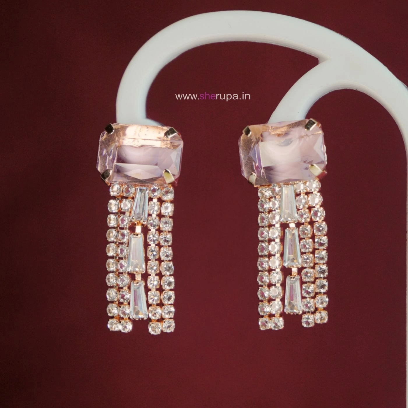 Rose Gold Tone Baby Pink Crystal CZ Tassel Drop Earrings for Women