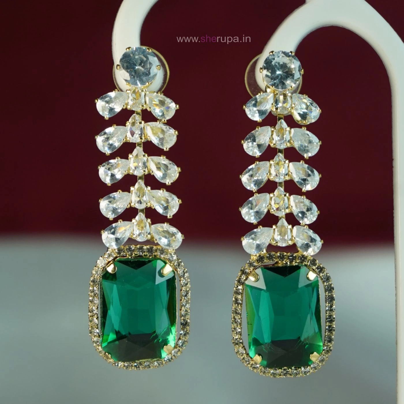 Gold Green Crystal & White Stone Drop Earrings