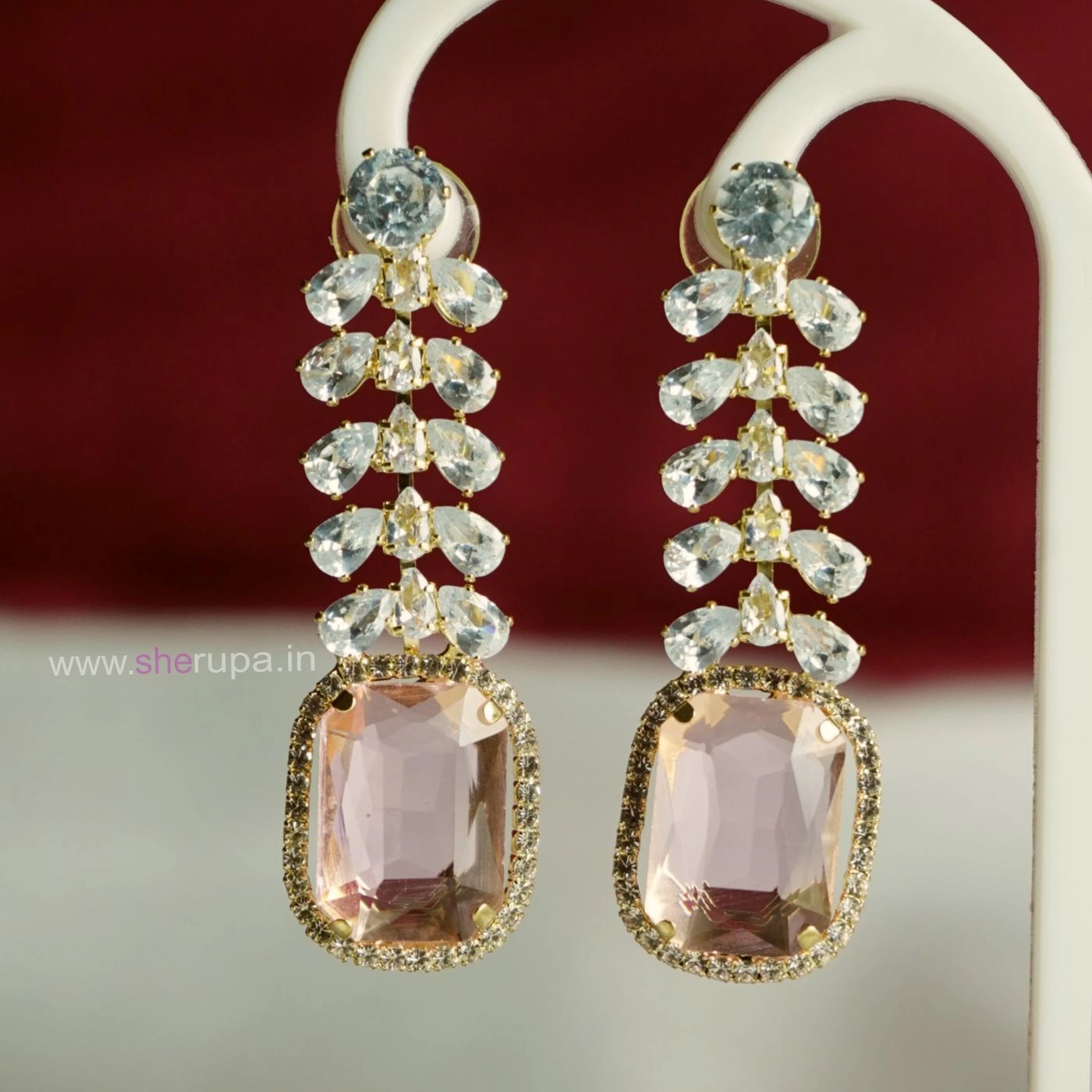 Gold Pastel Pink Crystal & White Stone Drop Earrings