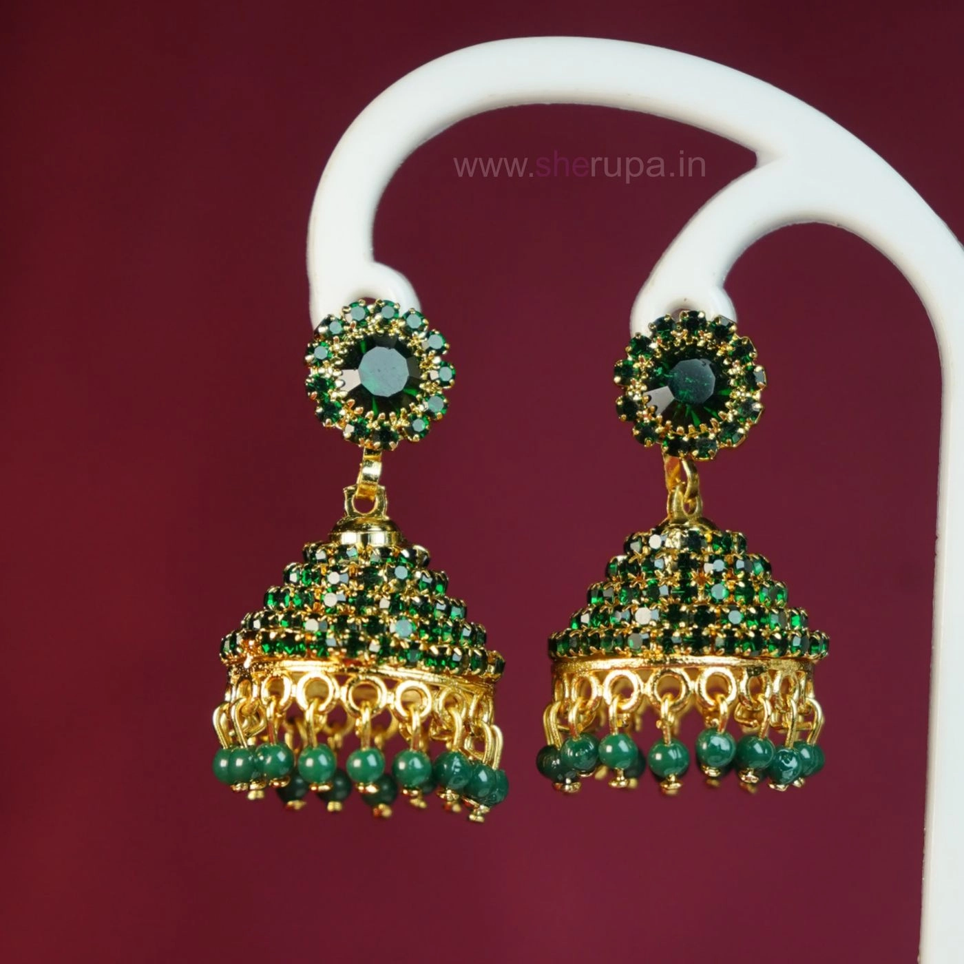 Gold-Tone Green Crystal Jhumka Earrings with Floral Stud for W