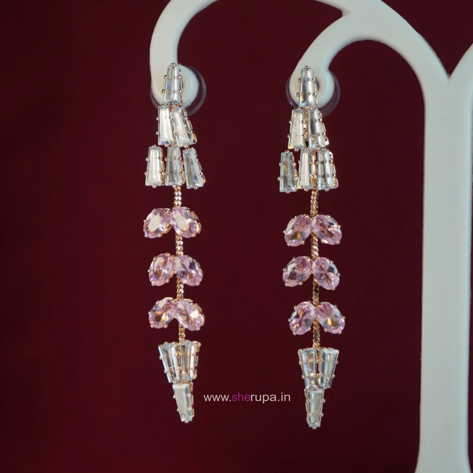 Long Crystal Drop Earrings with Pink Oval Accent