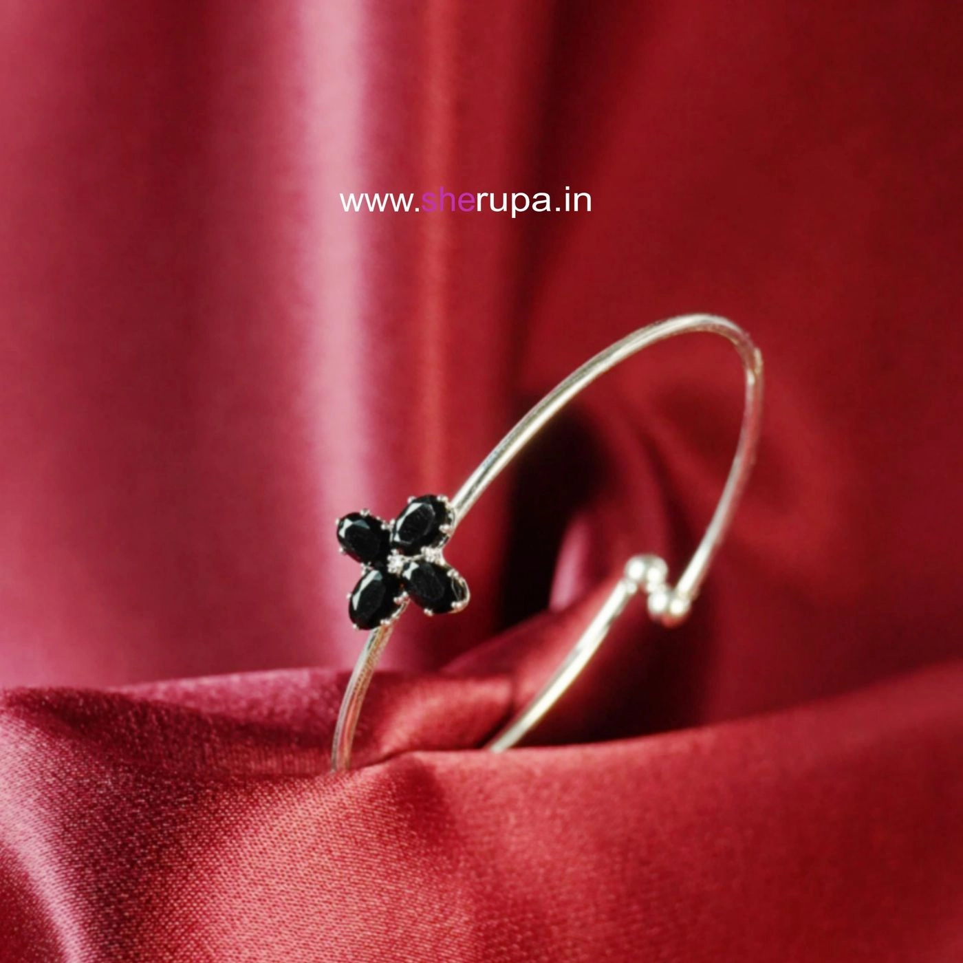 Minimalist Silver Tone Four-Petal Flower Cuff Bangle with Black Crystal