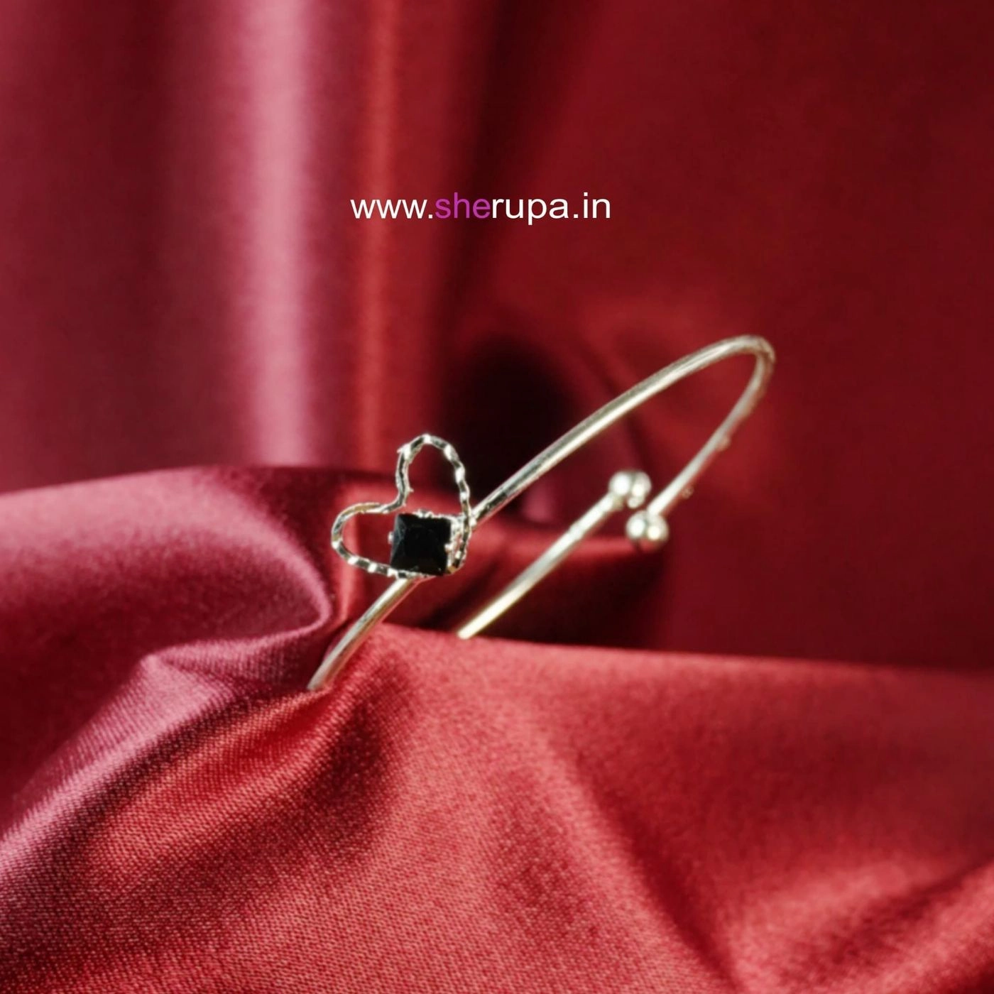 Minimalist Silver Tone Love Shape Cuff Bangle with Black Crystal