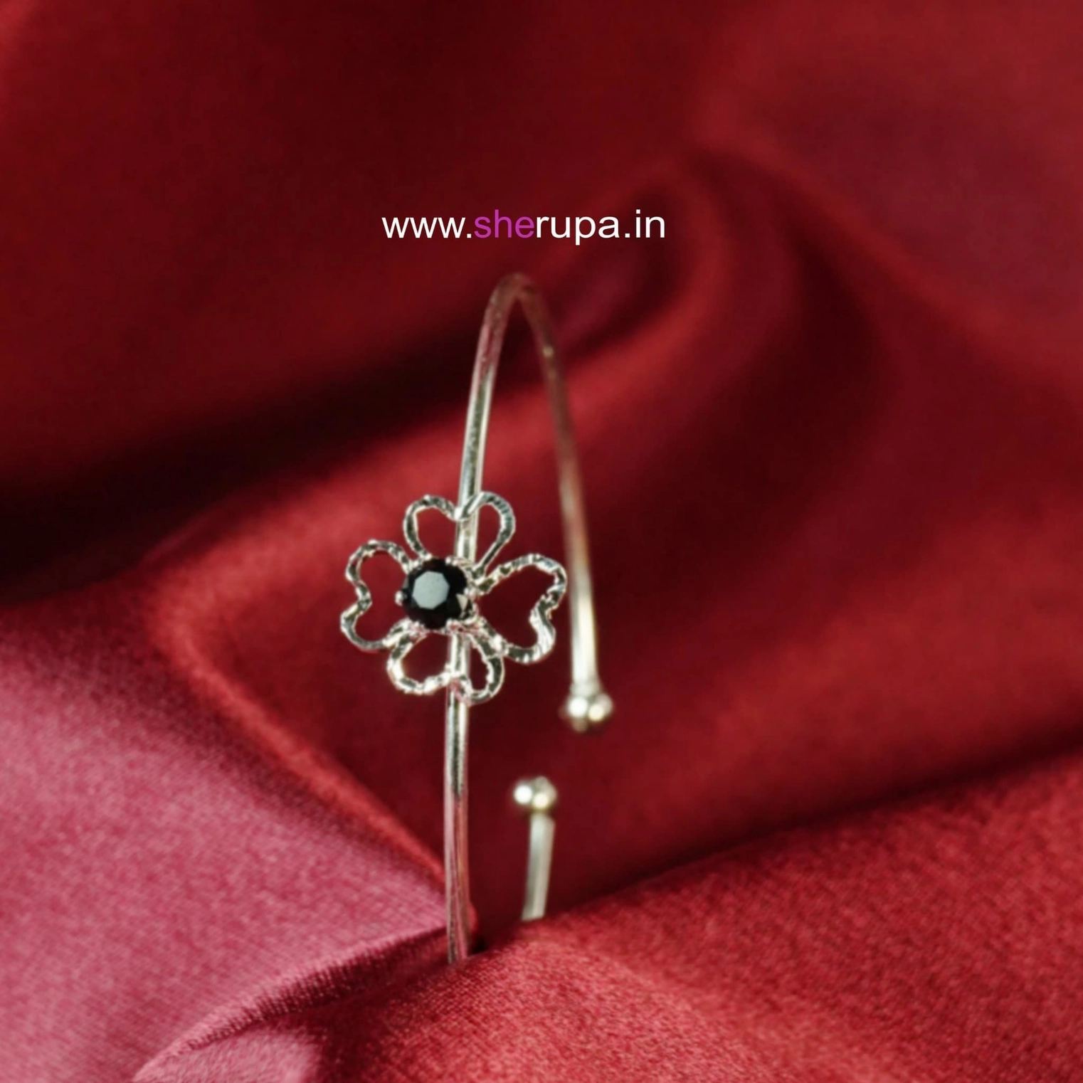 Minimalist Silver Tone Flower Cuff Bangle with Black Stone