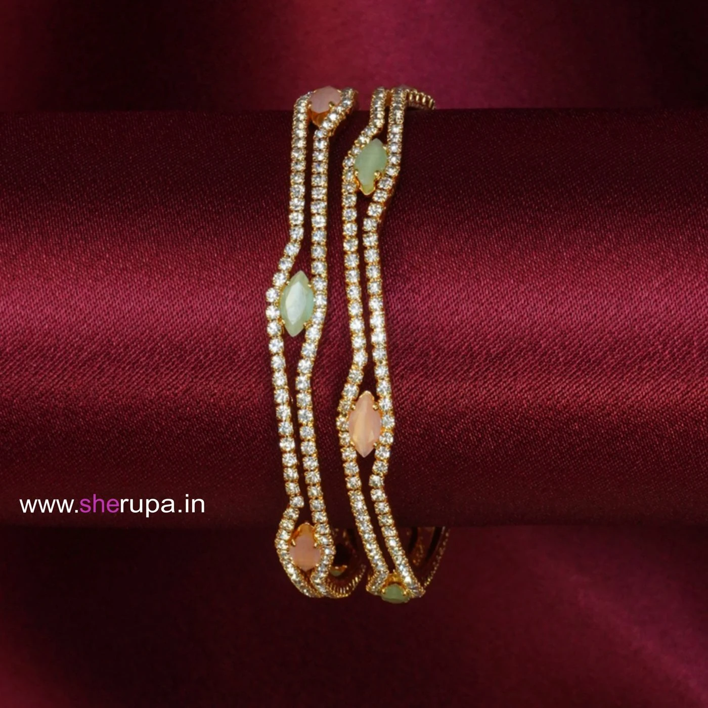 Gold Tone Wavy Bangles with White CZ and Pastel Multicolor Stones | Set of 2 Bangles