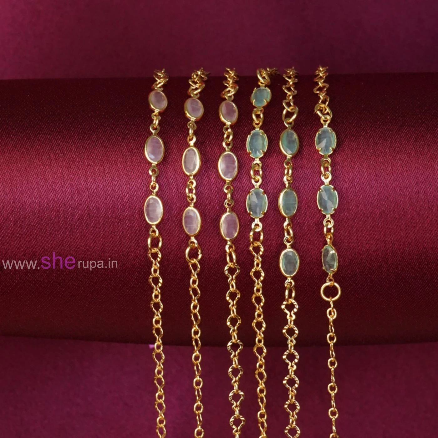 Gold Tone Bracelet Hand Chain – Light Pink & Sea Green | Single Piece