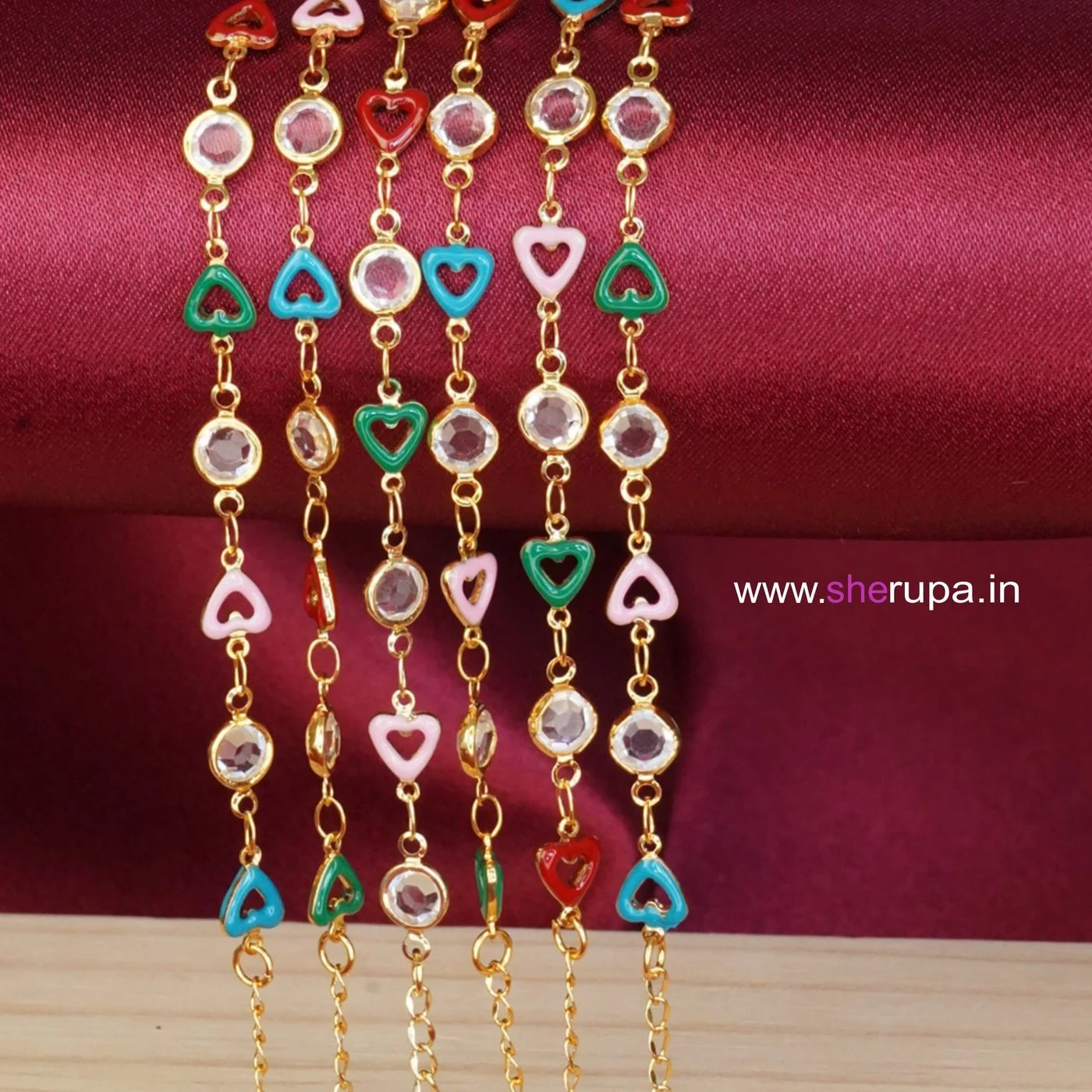 Gold Tone Enamel Heart & Round Clear Glass Stone Bracelet Hand Chain | Single Piece