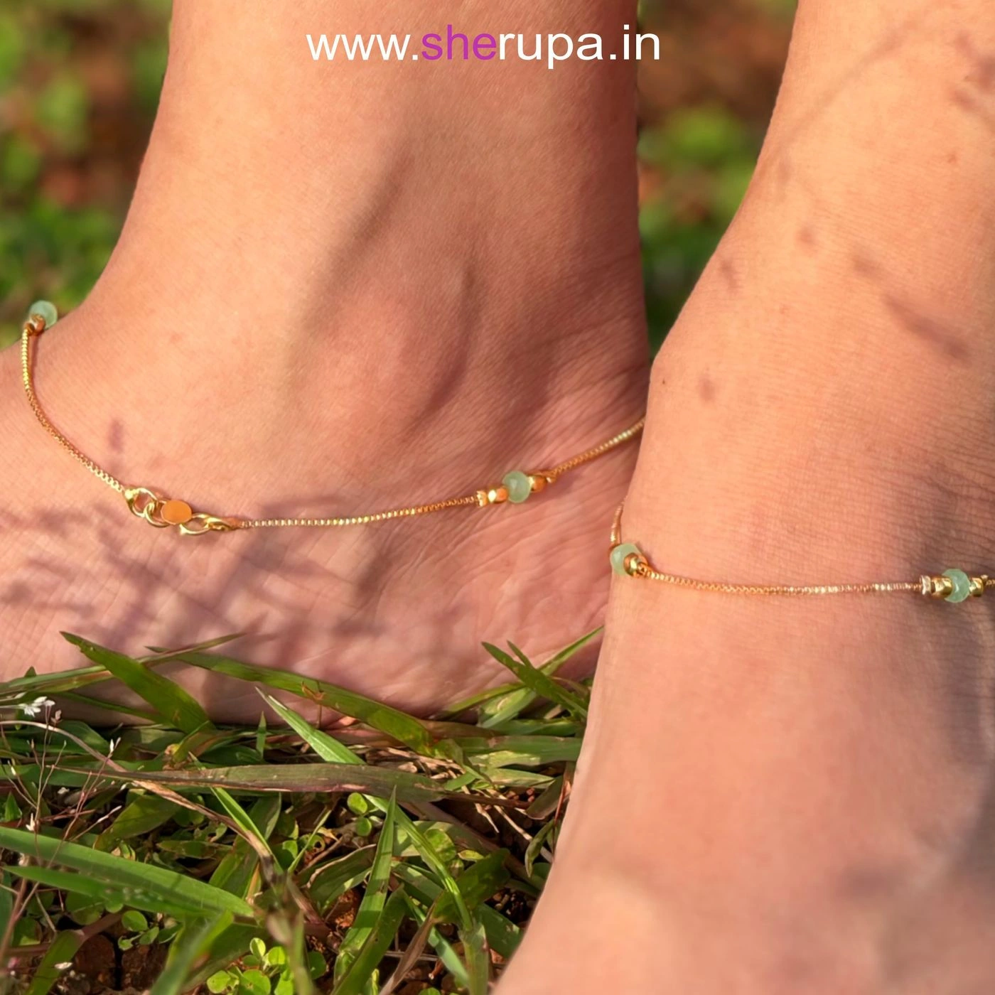 Gold Tone Pastel Green Beaded Chain Anklet.  1 Pair (2 Anklets) 2