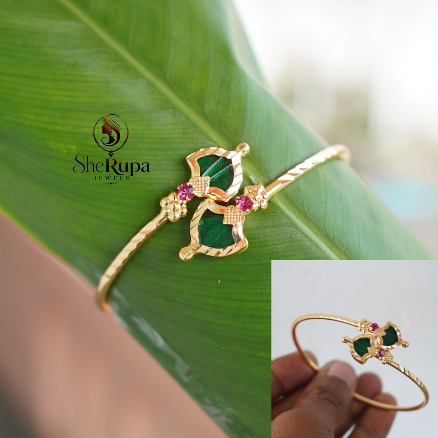 Gold Tone Kerala-Style Palakka Open Cuff Bangle with Green & Red Stones