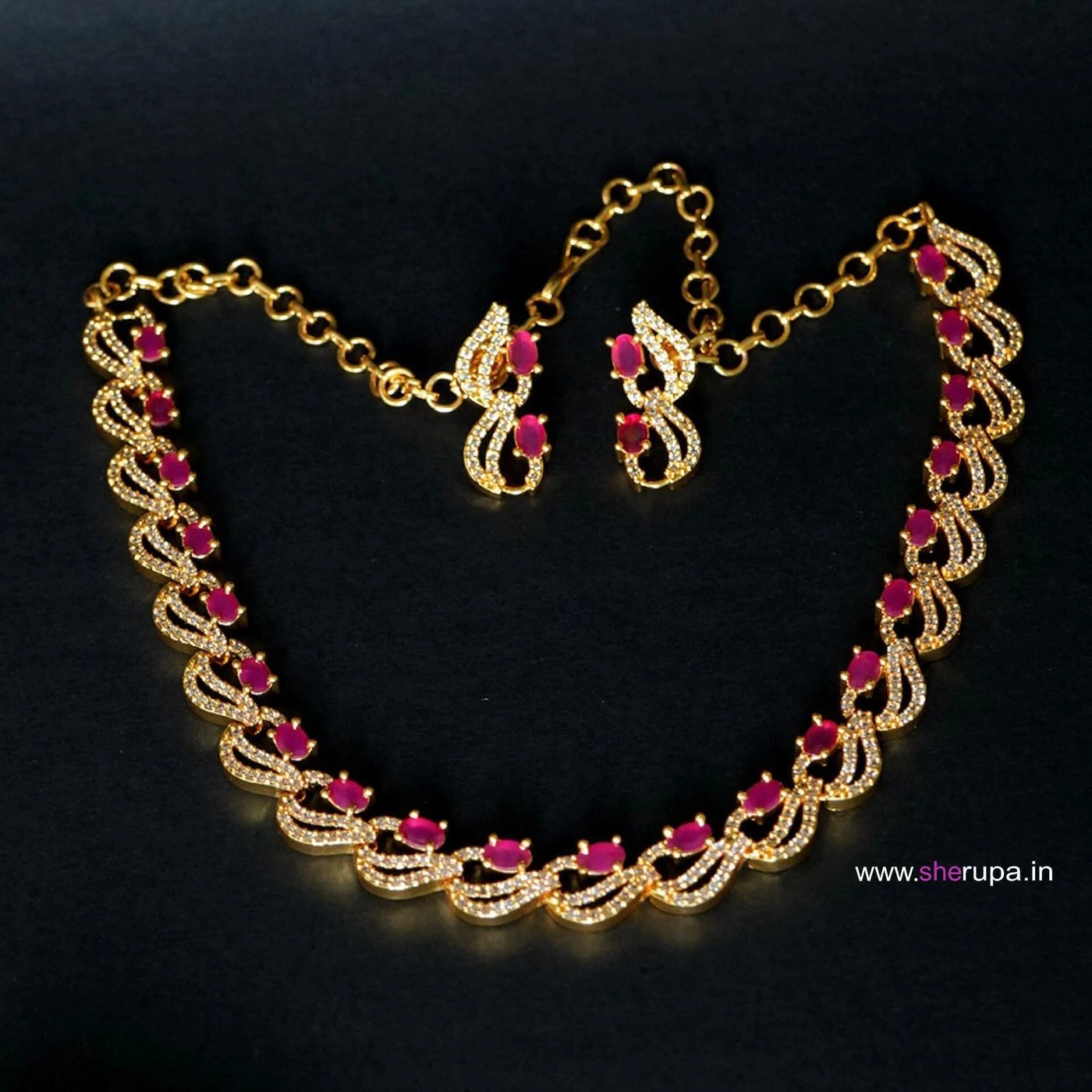 Gold Tone Ruby AD Stone Bridal Necklace Set for Women