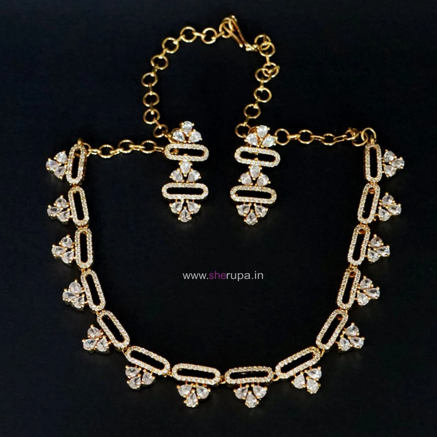 Gold Tone White AD Stone Bridal Necklace Set for Women