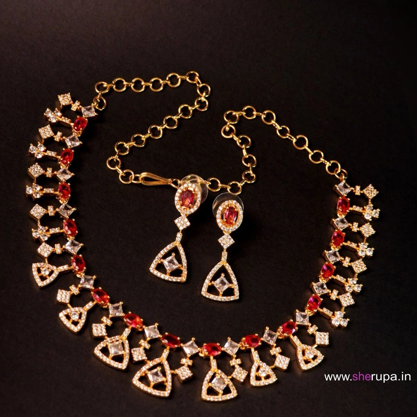 Gold Tone Red AD Stone Bridal Necklace Set for Women