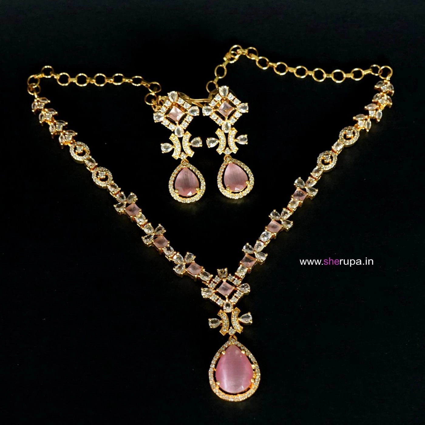 Gold Tone Pink AD Stone Bridal Necklace Set for Women